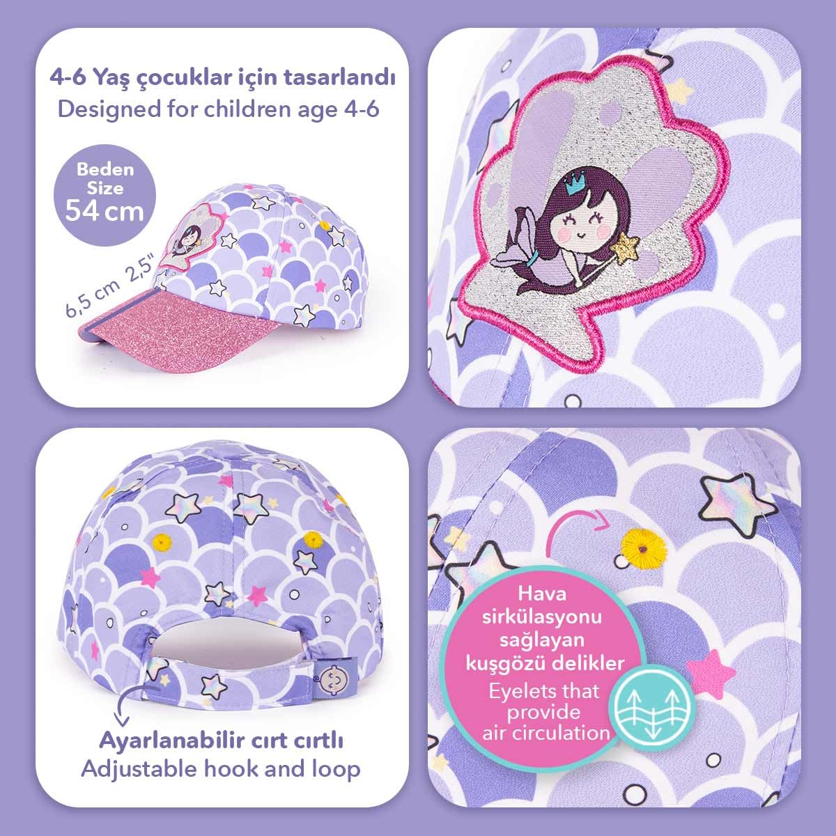 Milk&Moo Küçük Deniz Kızı Simli 4-6 Yaş Kız Çocuk Şapkası – Ayarlanabilir, Nefes Alabilir Yazlık Şapka