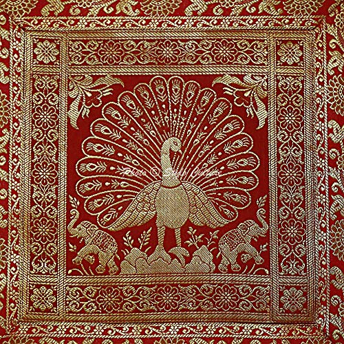 Image of Decorative Brocade Cushion Covers 16 Inch x 16 Inch Banarasi Jacquard Red & Gold Living Room Decor Peacock Traditional Square 40x40 cm Zippered Sofa Settee Pillowcases -Set of 5 Pcs
