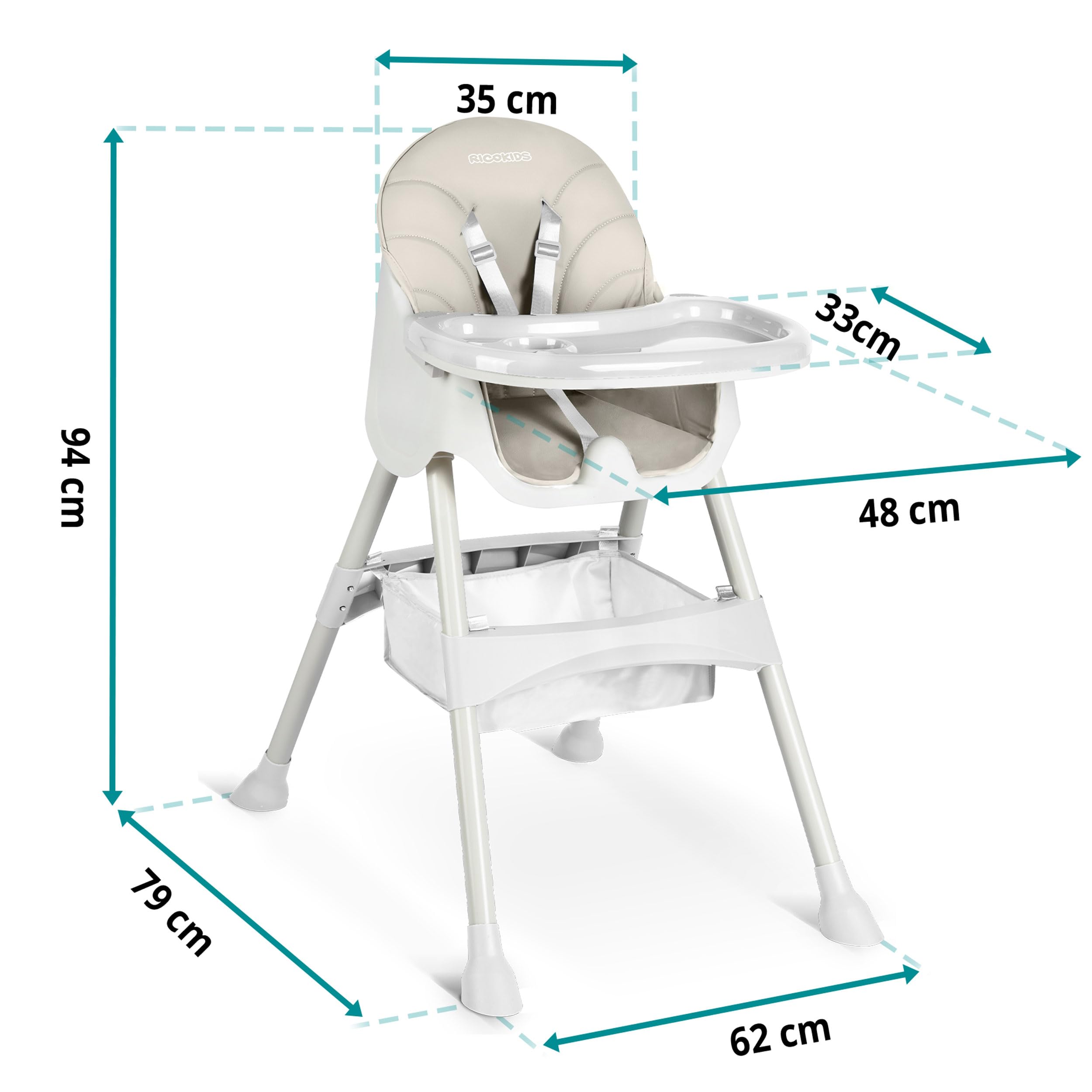 Ricokids Chaise haute pour bébé 3 en 1 - Pour enfant à partir de 6 mois - Avec ceinture de sécurité - Pliable - Facile d'entretien - Cadre réglable en hauteur - Planche à manger amovible - Panier