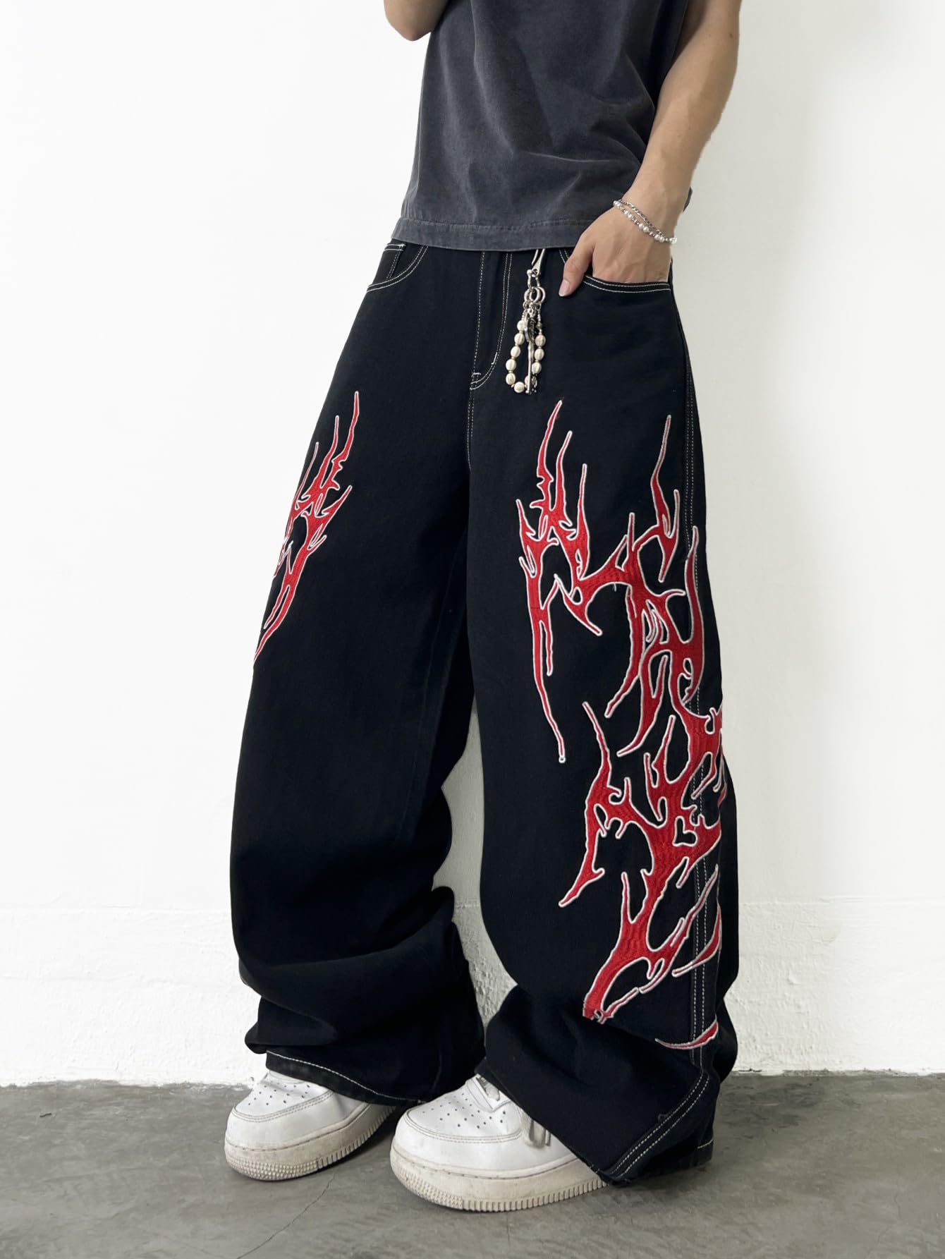 Pantalones vaqueros holgados bordados para hombre, hip hop, Y2K, pierna ancha, skater