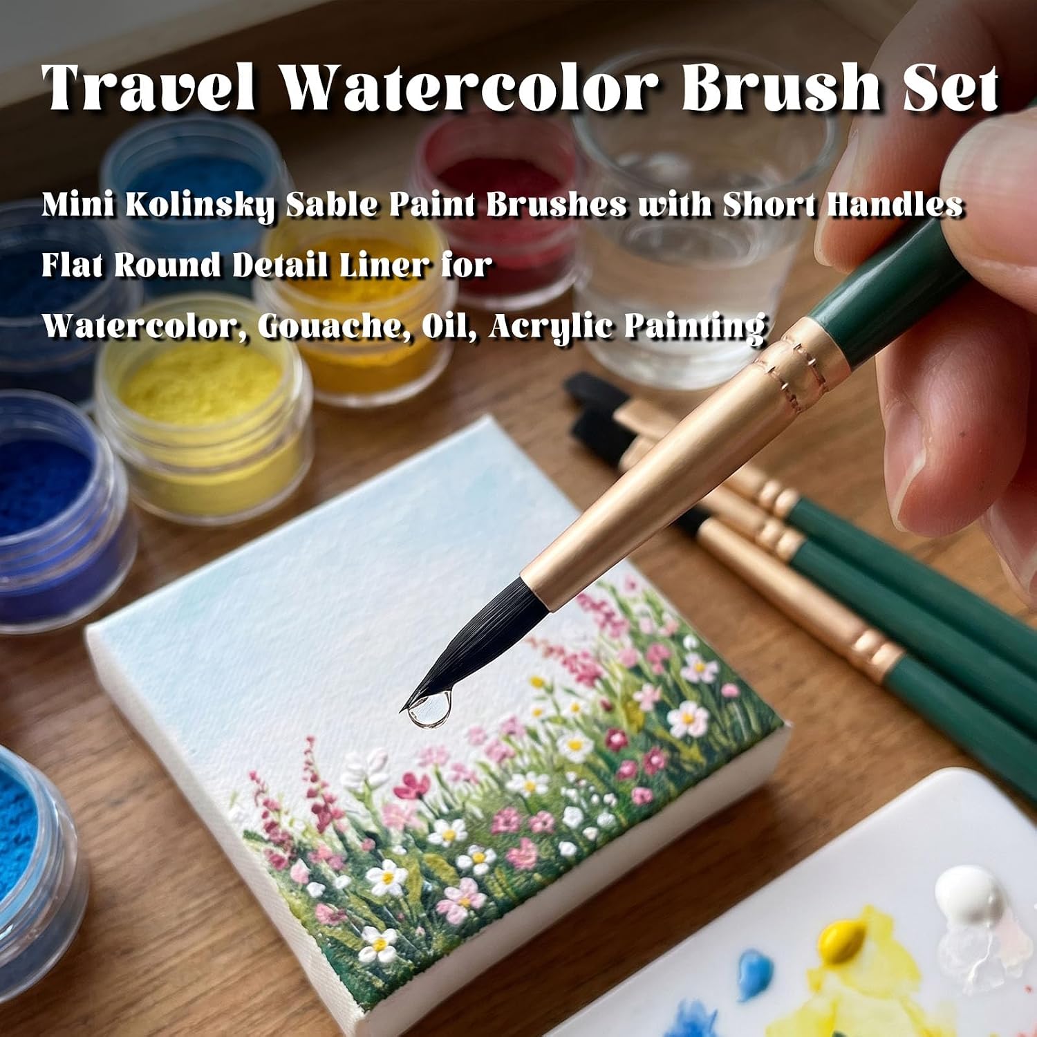 6-Piece Travel Watercolor Brush Set, Mini Kolinsky Sable Paint Brushes with Short Handles — Flat Round Detail Liner for Watercolor, Gouache, Oil, Acrylic Painting