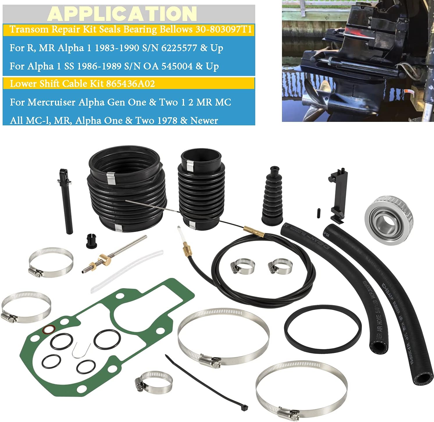 Transom Seal Repair Kit with Lower Shift Cable Replacement Kit 30-803097T1,865436A02 for Mercruiser R, MR, Alpha One Gen 1 1983-1990 sterndrives.