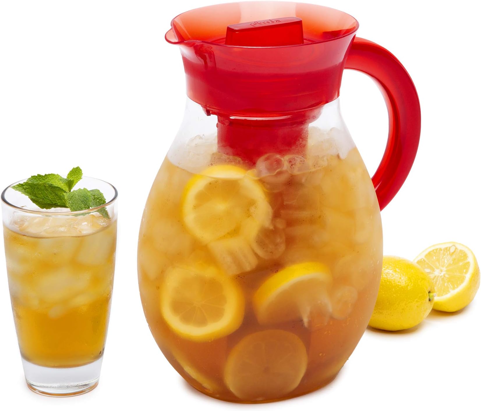 The Big Iced Tea Maker Tritan Plastic Infusion Beverage Pitcher with Leak Proof, Airtight Lid, Fine Mesh Resuable Filter, Manufactured Without PFOA, Dishwasher Safe, 1-Gallon, Red