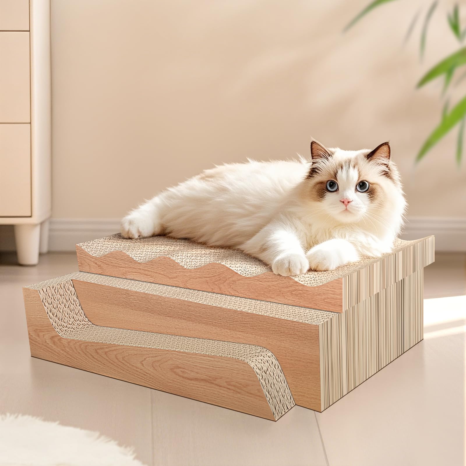 Juego de 3 almohadillas para rascar gatos corrugados para cama y salón que sobrepasan los arañazos para gatos en forma de onda, cartón reversible para muebles, incluye
