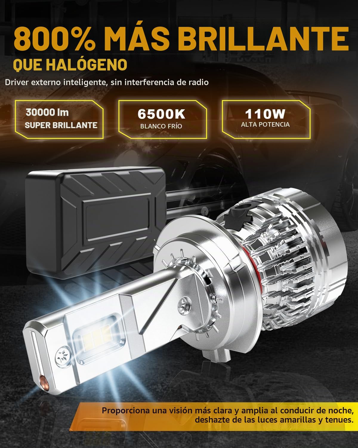 Bombillas H7 LED, 110W 30000LM 800% Brillante 6500K Blanco Canbus Luces LED H7 Faros Delanteros de Coche 12V 24V Lámpara Reemplazo para Halógenos y Xenón, 2 Bombillas