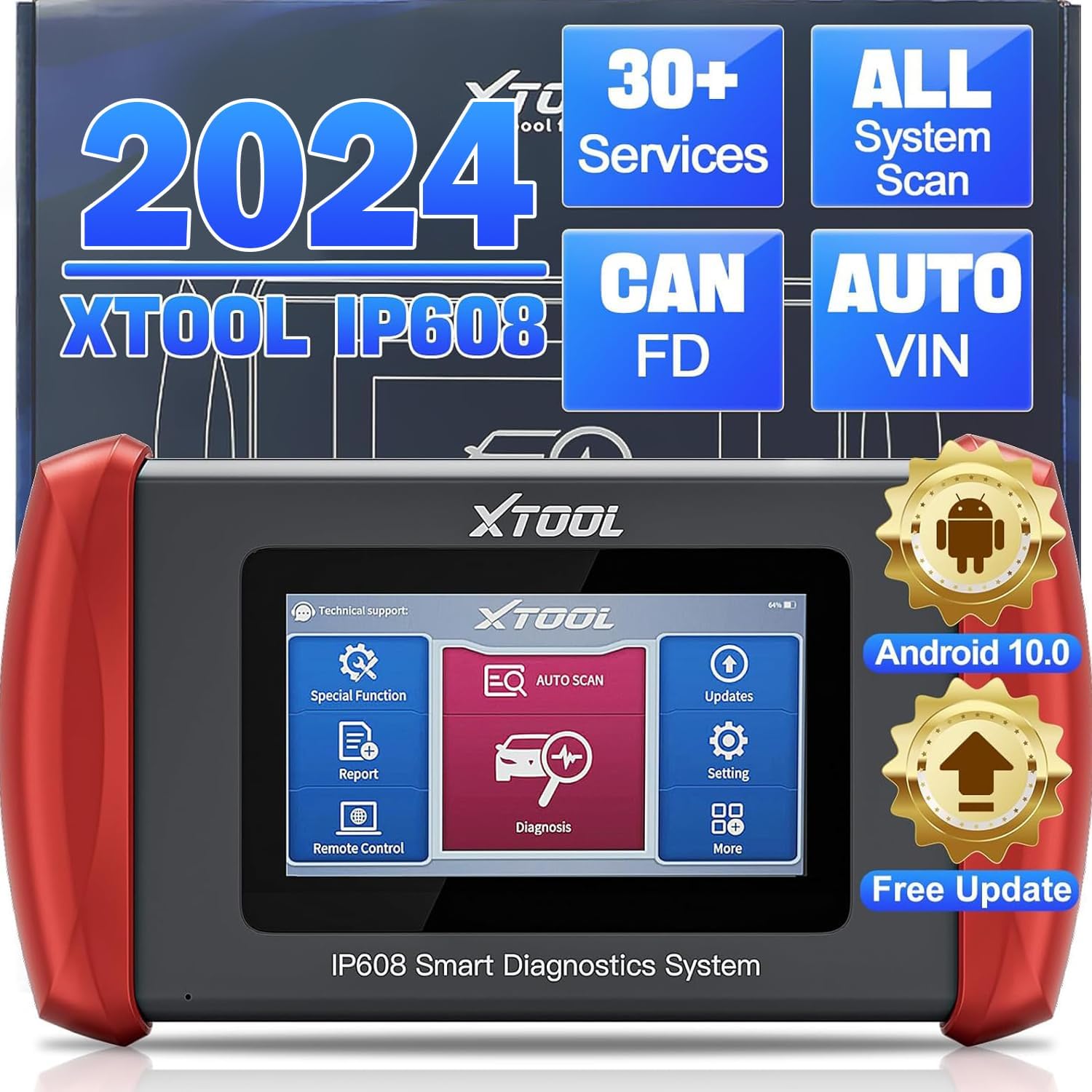 XTOOL IP608 OBD2 Scanner Diagnostic Tool, Full Systems Car Scanner with 30 Services, Android 10.0, CAN FD Fast Scanner for Car, ABS Bleeding, EPB,