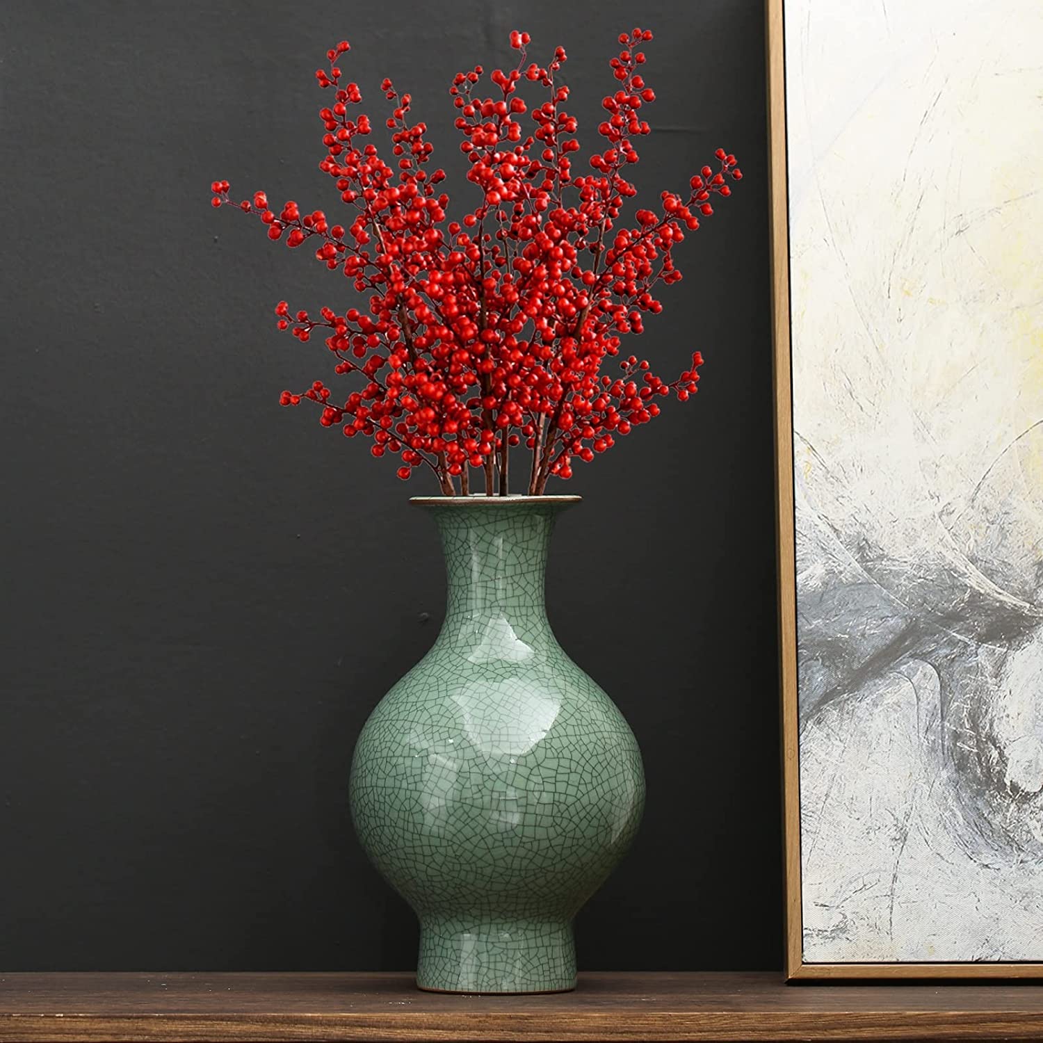Artisanat en céramique chinoise, fait main, émail craquelé antique, grande vase en porcelaine vert pour décoration d'intérieur Grün02