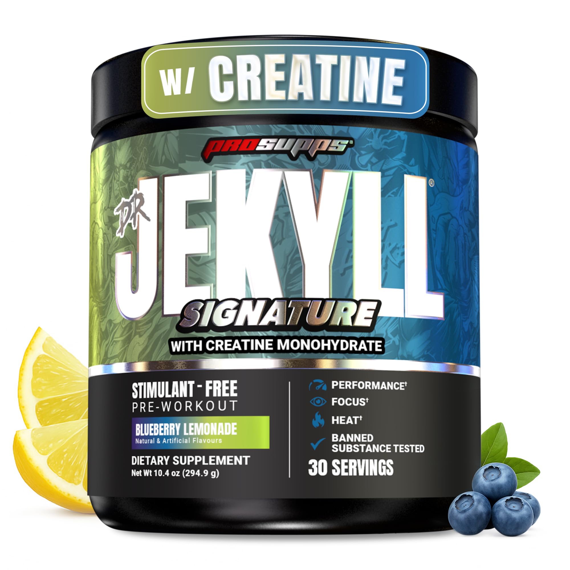 Dr. Jekyll Signature Pre Workout Powder with Creatine - Stim-Free Preworkout Supports Focus & Endurance - Caffeine-Free Gym & Fitness Supplements (Blueberry Lemonade, 30 Servings)
