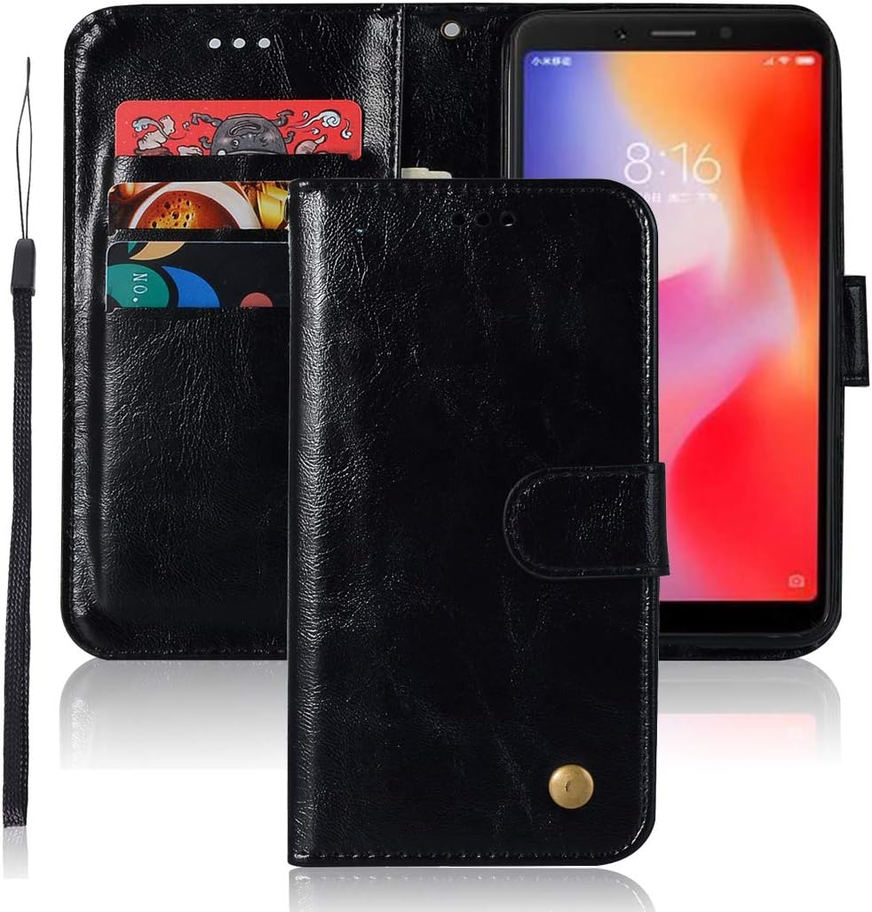 Jhxtech Funda Xiaomi Redmi 6, Xiaomi Redmi 6A, Funda de piel sintética premium con tapa [Ranuras para tarjetas] [Kickstand] [Cierre magnético] para Xiaomi Redmi 6/Redmi 6A (negro)