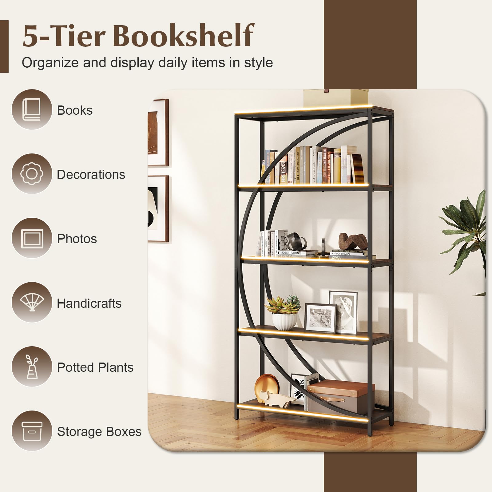 GIANTEX Estantería Alta de 5 Niveles, Librería Independiente en Forma de Media Luna con Estructura de Metal, Mueble de Exhibición para Salón, Estudio, Oficina, 86 x 30 x 175 cm (Marrón)