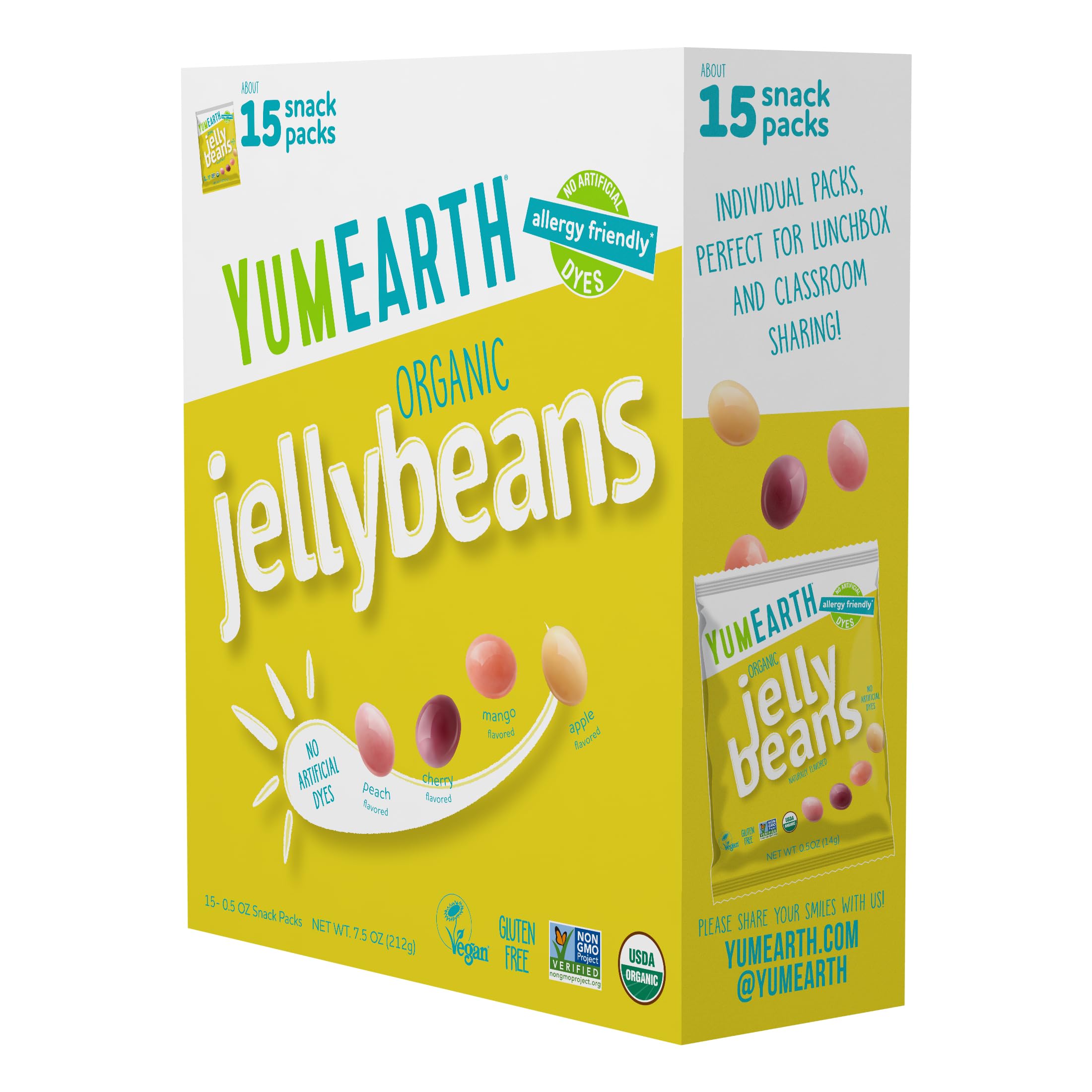 Organic Jelly Beans - Fruity Candy Snack Packs, Gluten Free Snacks for Kids - Allergy Friendly, Non-GMO, No Artificial Dyes - Assorted Flavors, 7.5 oz. (Pack of 15)