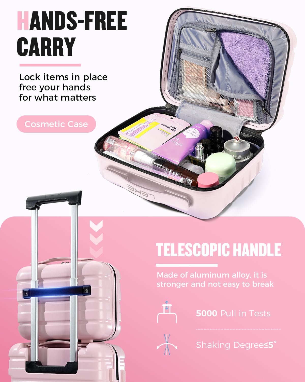 Bagaglio a mano da 16 pollici con custodia cosmetica, Rosa, 16 Inch + 10 Inch, Da viaggio