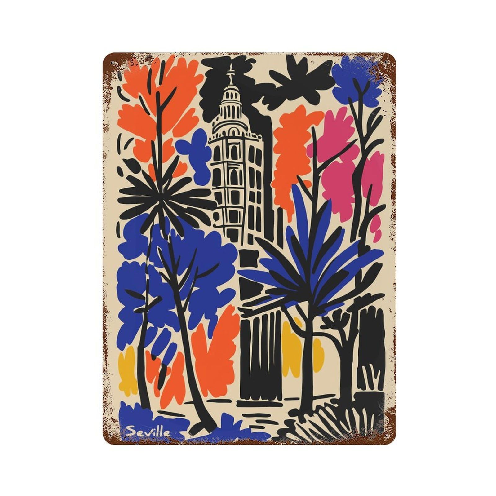 Rust Effect Seville Cityscape with Trees And Tower Rusty Metal Tin Sign 15.7"x11.8", Farmhouse Wall Decor for Cafe, Home Bar And Lounge Decor