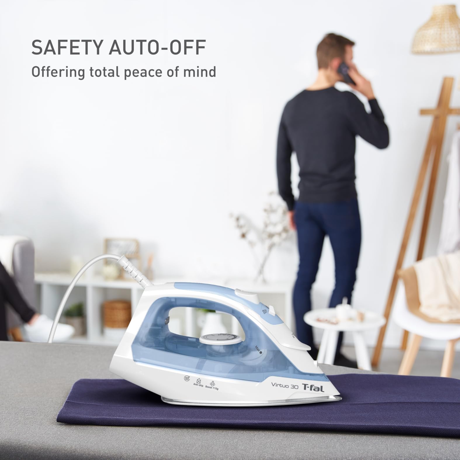 T-fal Plancha de Vapor | Virtuo 30 con Auto Apagado, Suela de Cerámica XL, Blanca/Azul FV2C61U0