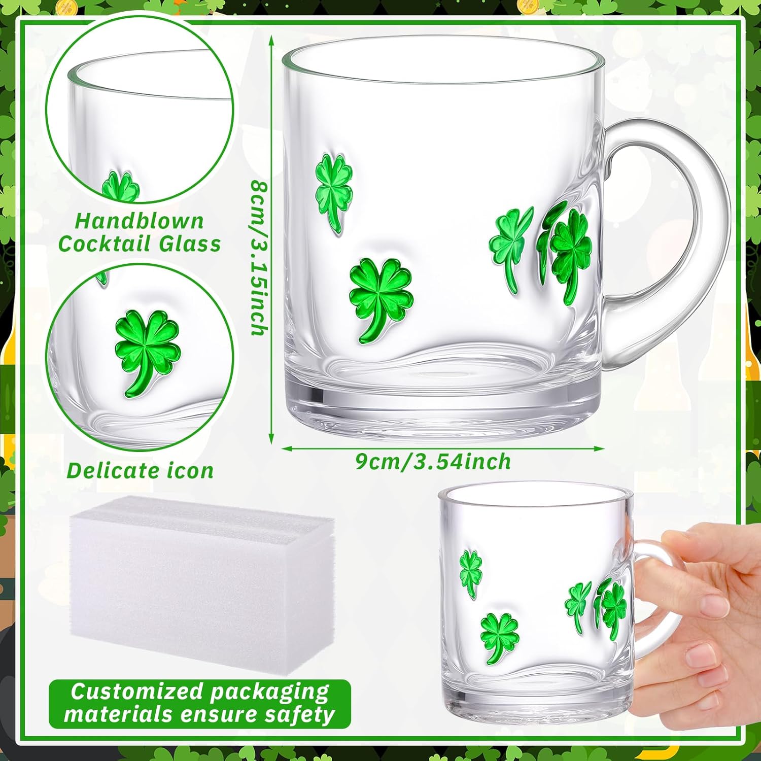 2 Pcs St. Patrick's Day Mugs Icon Glass Cups 14oz Shamrock Icon Mugs with Handle Clear Drinking Glasses Double Old Fashioned Hand Blown Cocktail Glassware for St. Patty Party Supplies Gift Clover