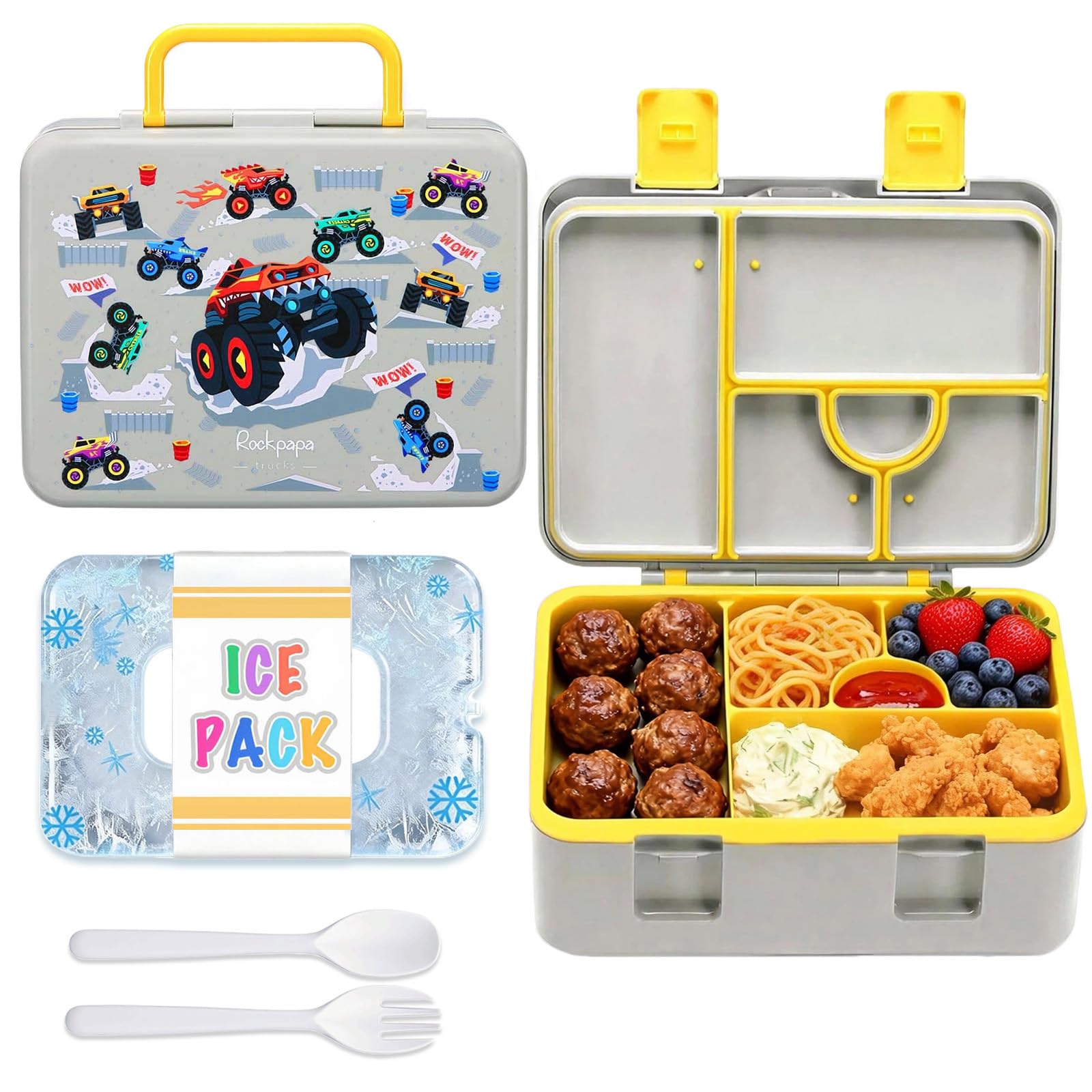 rockpapa Chill Bento Box for Kids with Ice Pack, 5-Compartments, Trucks