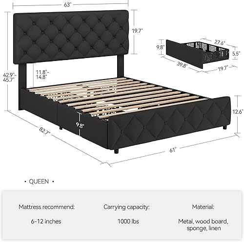 Miniatura 2 de IDEALHOUSE - Base de cama tamaño Queen con 4 cajones de almacenamiento y cabecera ajustable, camas con plataforma tapizada en lino, botones con