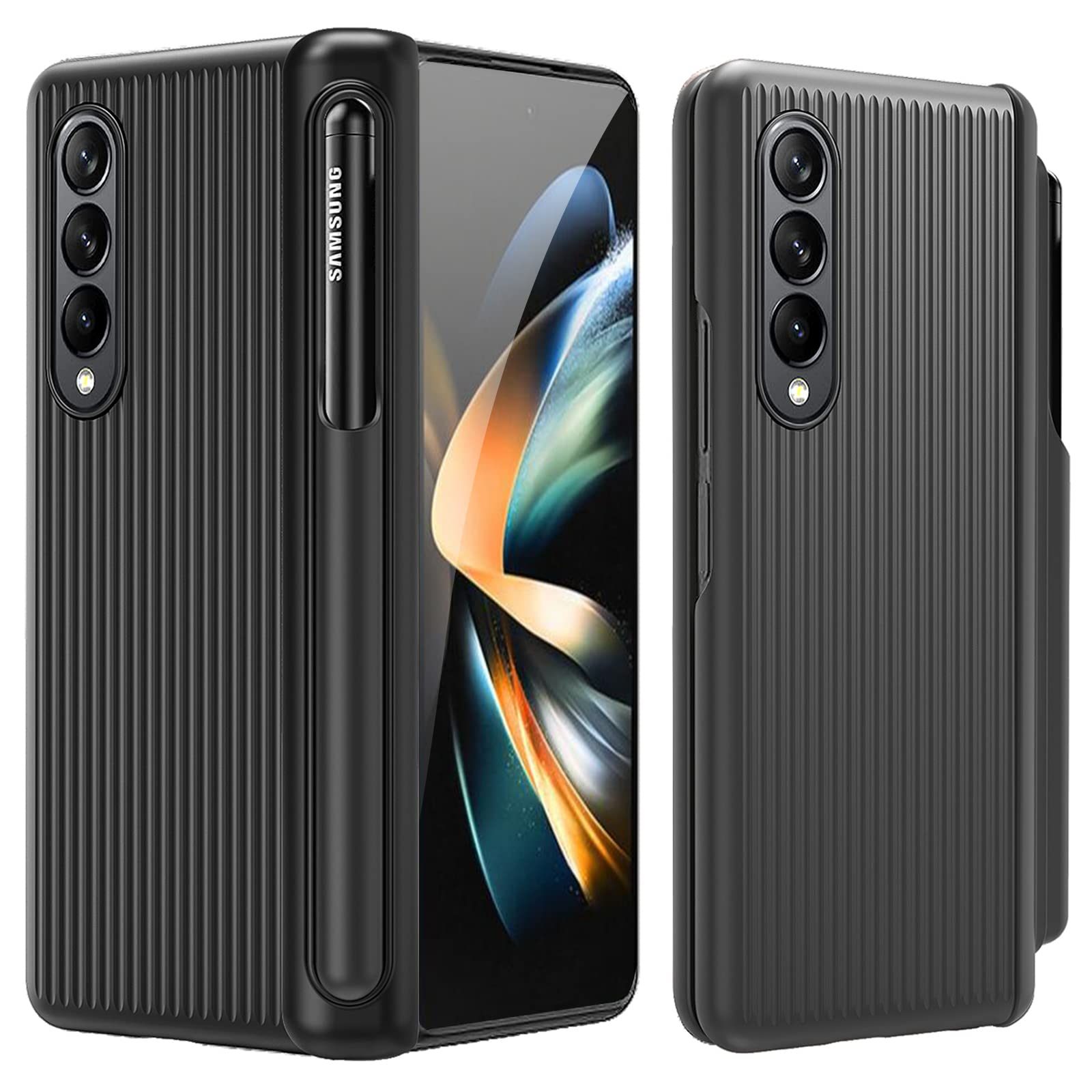 Miimall Compatible Samsung Galaxy Z Fold 4 Case with S Pen, Front Screen Protector, Vertical Stripe Design, Hinged Case for Galaxy Z Fold 4 5G 2022 (