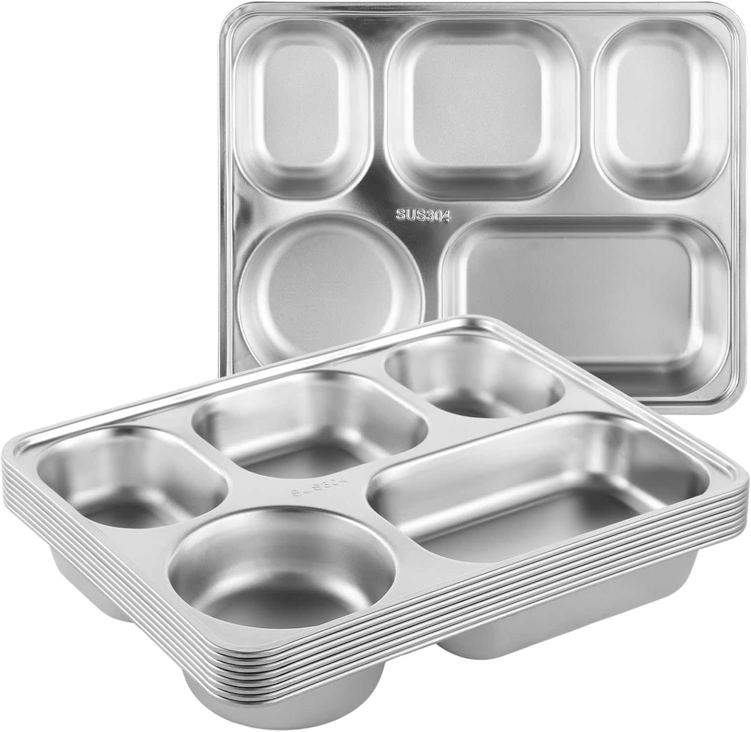 OMISTAR 8 Pcs Stainless Steel Divided Plates, Rectangular 5 Sections Portion Control Plates, Metal Food Tray for Lunch, Dinner, Campers, Picky Eaters, Unbreakable Lunch Container without Mixing Foods