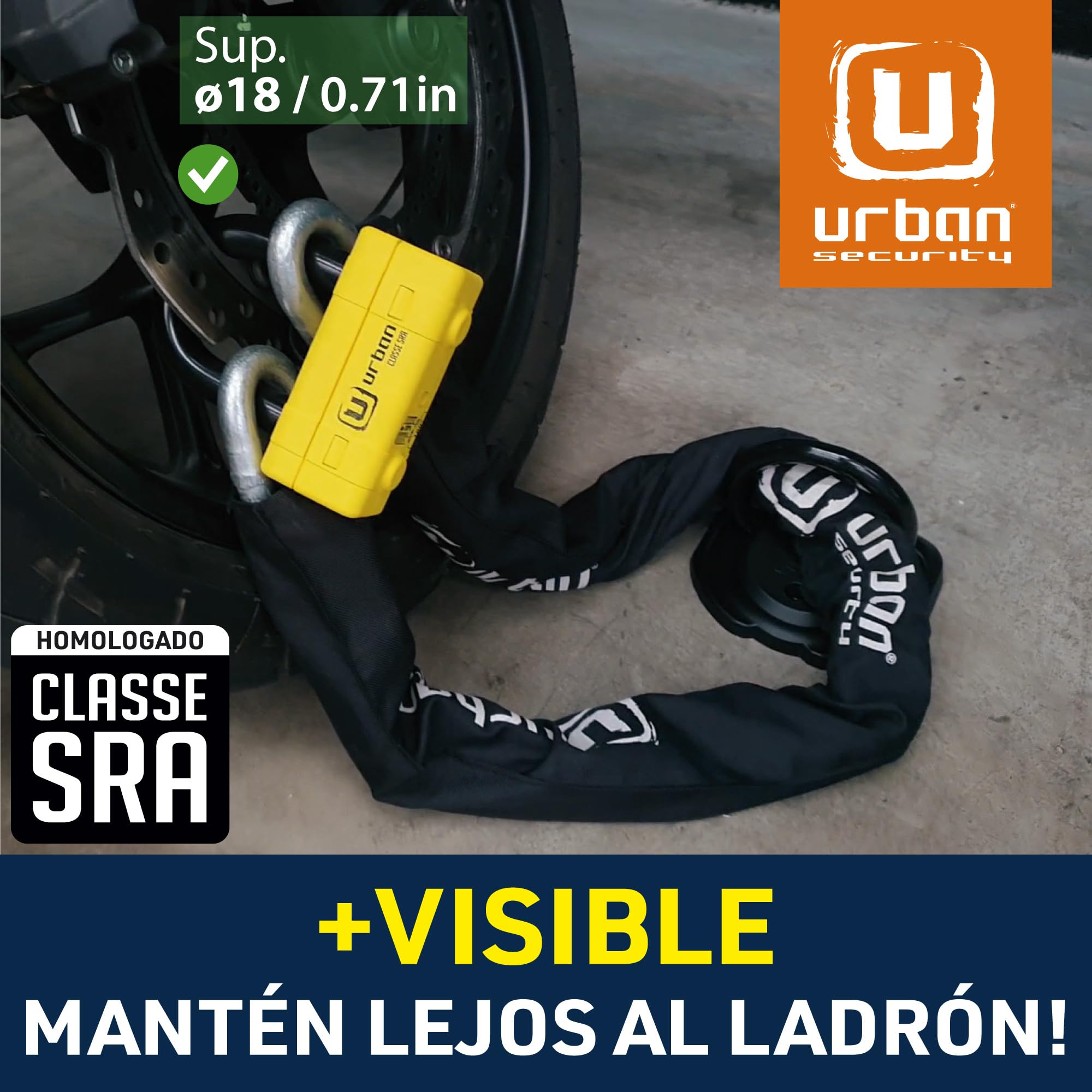 URBAN UR75150 Cadena Candado Antirrobo Pesado ø15mm + Mini U, Alta Seguridad Homologada SRA, 150cm Completamente Testada +Visible, Antirobo Multifunción para Disco Freno, Anclaje, Motocicleta, Parking