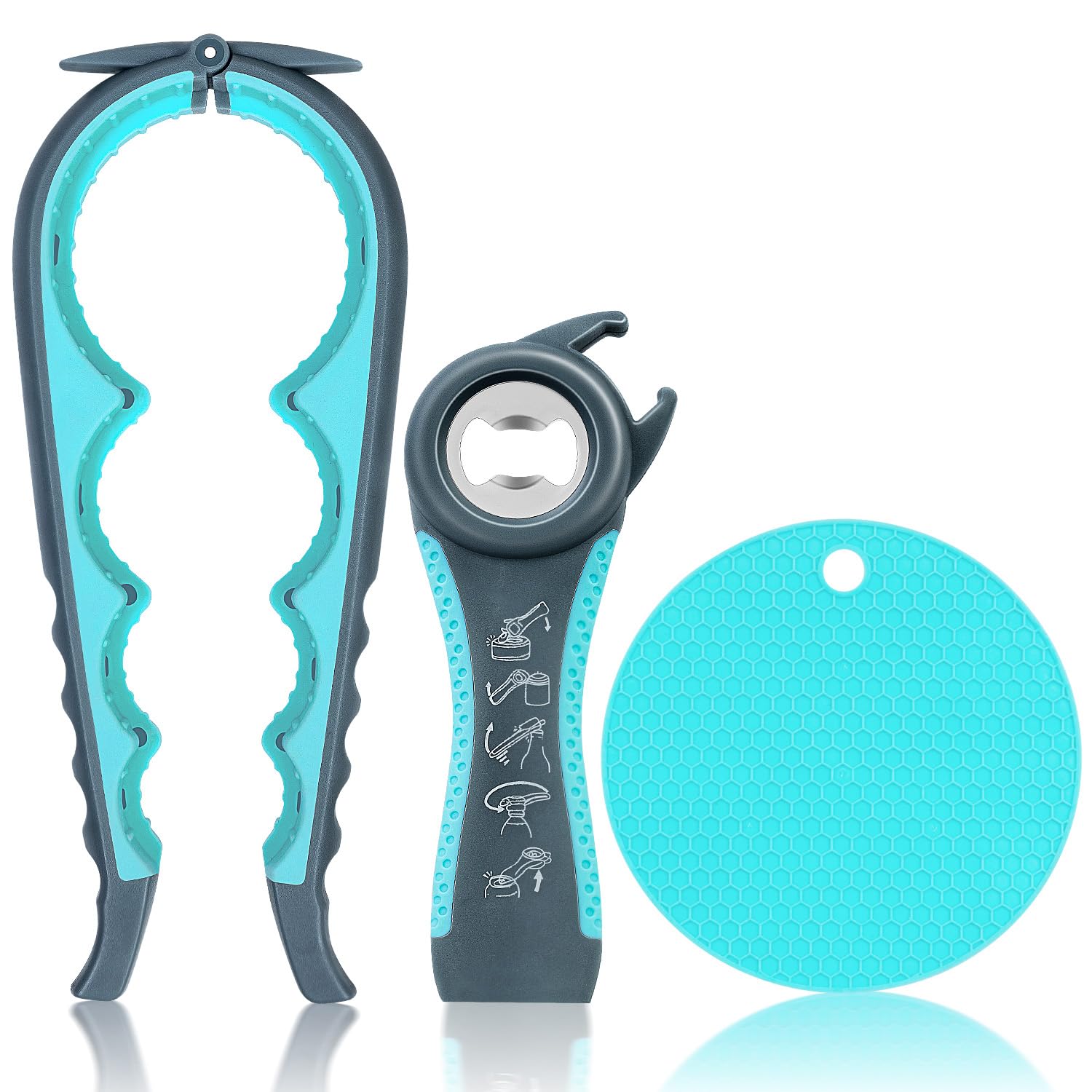 SUNRAYNEST Jar Opener 3-Piece Set – Ergonomic Non-Slip Multi-Function Can and Bottle Opener for Seniors, Arthritis & Weak Hands – Safe, Easy to Use in Kitchen, Camping, Gift Ready