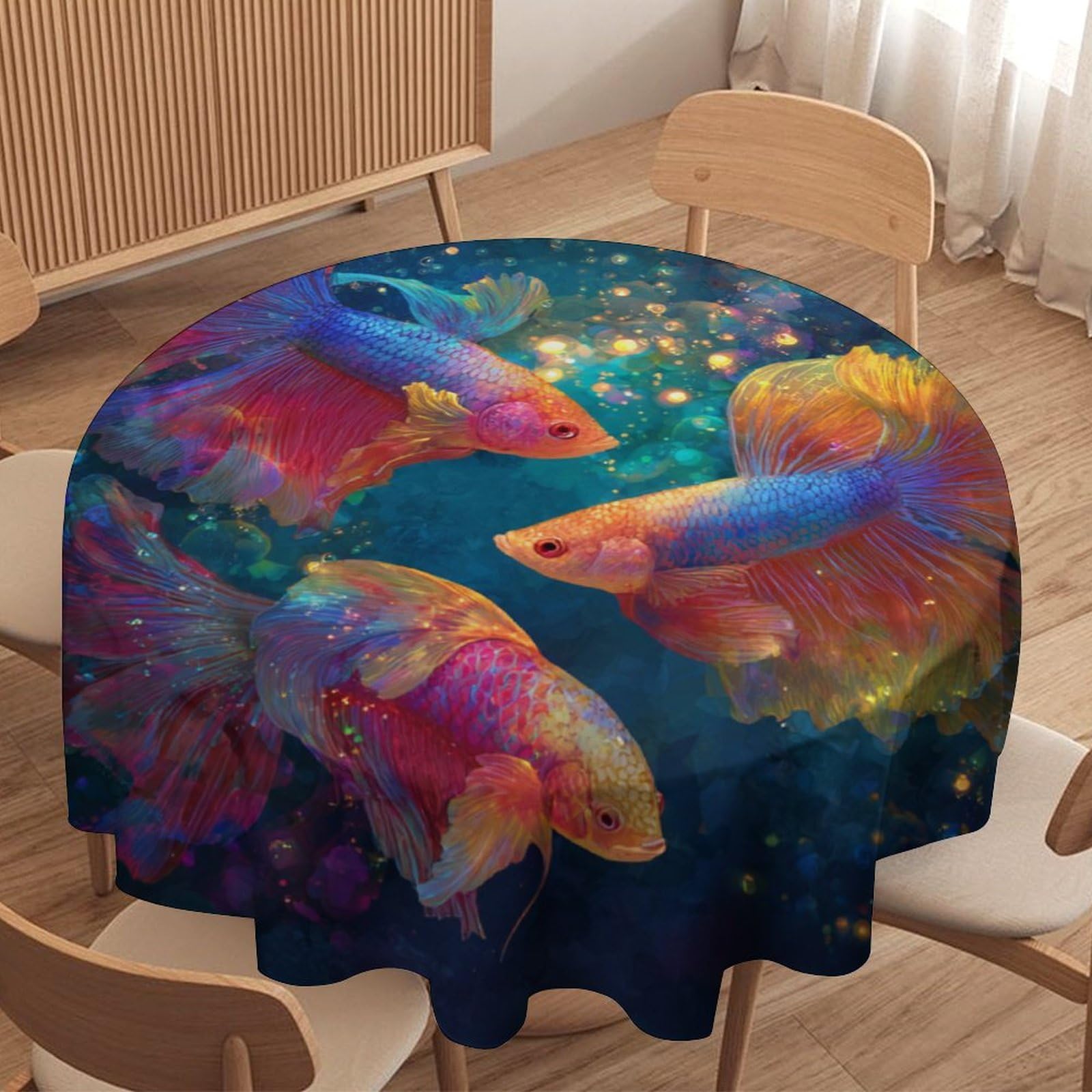 LUYYSKY Funny Beautiful Colorful Fish Waterproof Round Tablecloth Retro Oil Painting Underwater Landscape Animal Fish Washable Table Cover for Kitchen-91.4" Wx91.4 L cm