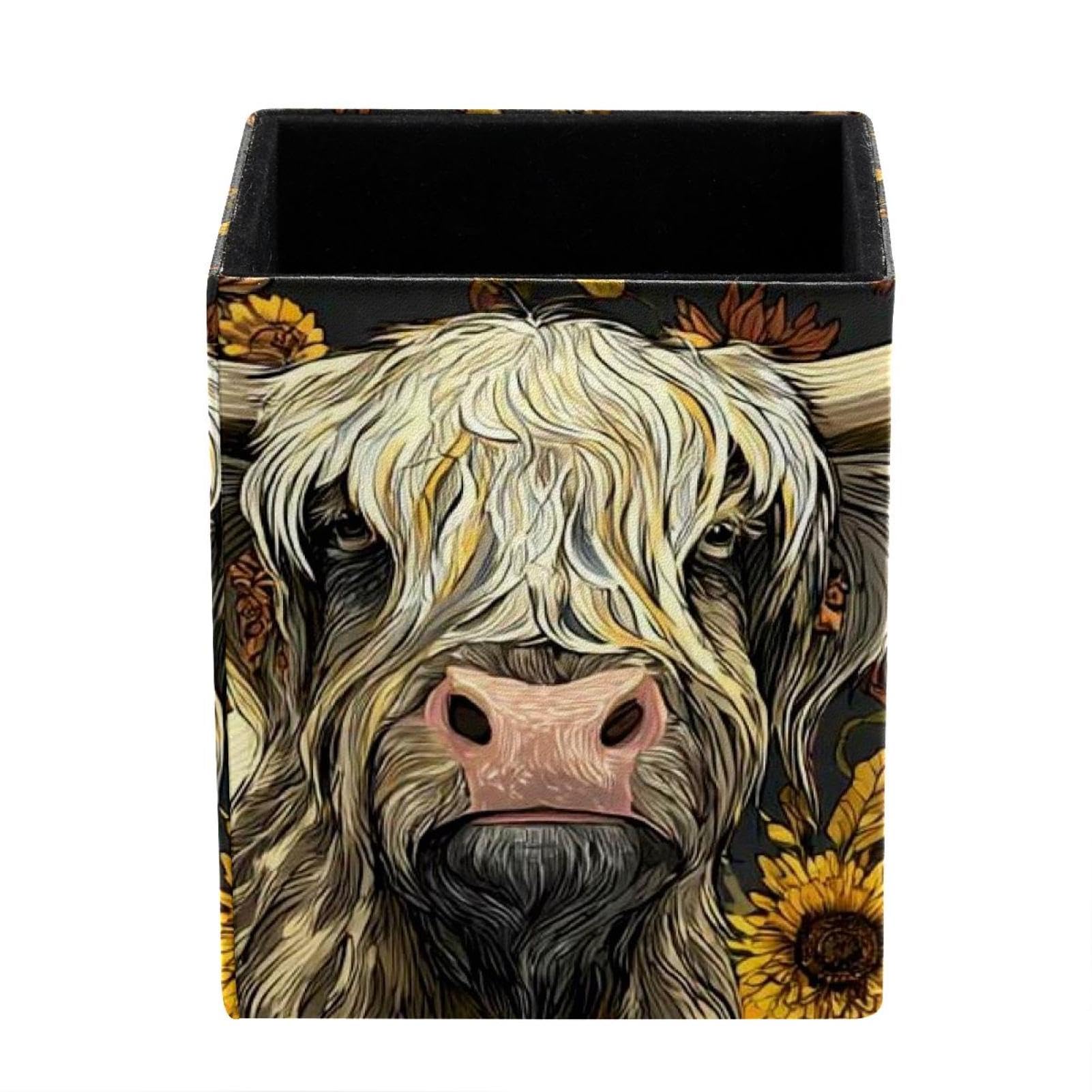 Watercolor Sunflower Yak Desktop Storage Box Pencil Holder(2 Compartments), Stationeries and Desk Supplies Organizer for Home, Office & School