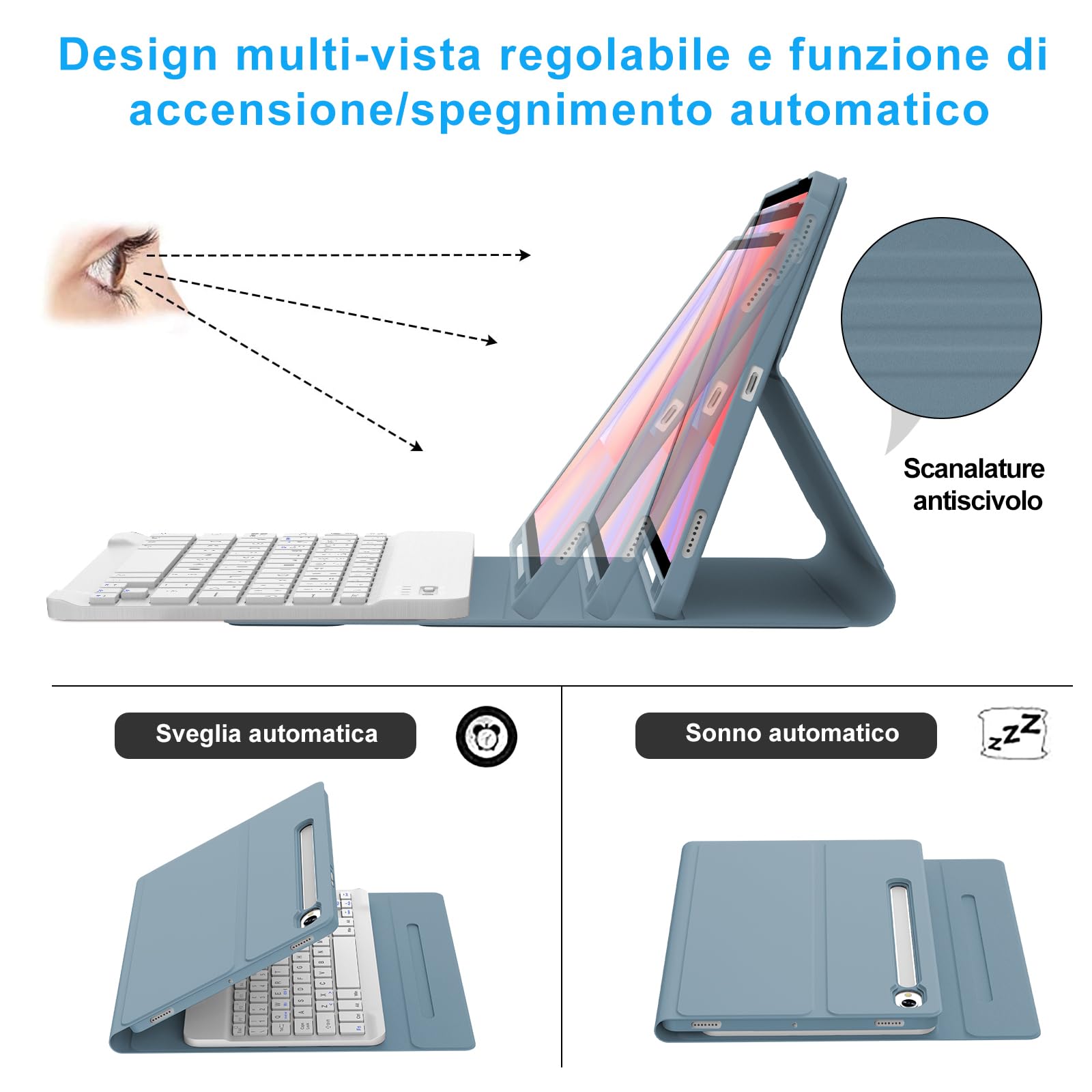 IVEOPPE Cover Tastiera per Samsung Galaxy Tab S10 Lite/S9 FE/S10 FE 10.9"/S9 11", Tastiera Italiano QWERTY Bluetooth Senza Fili Staccabile, Custodia con Portapenna, Grigio-blu