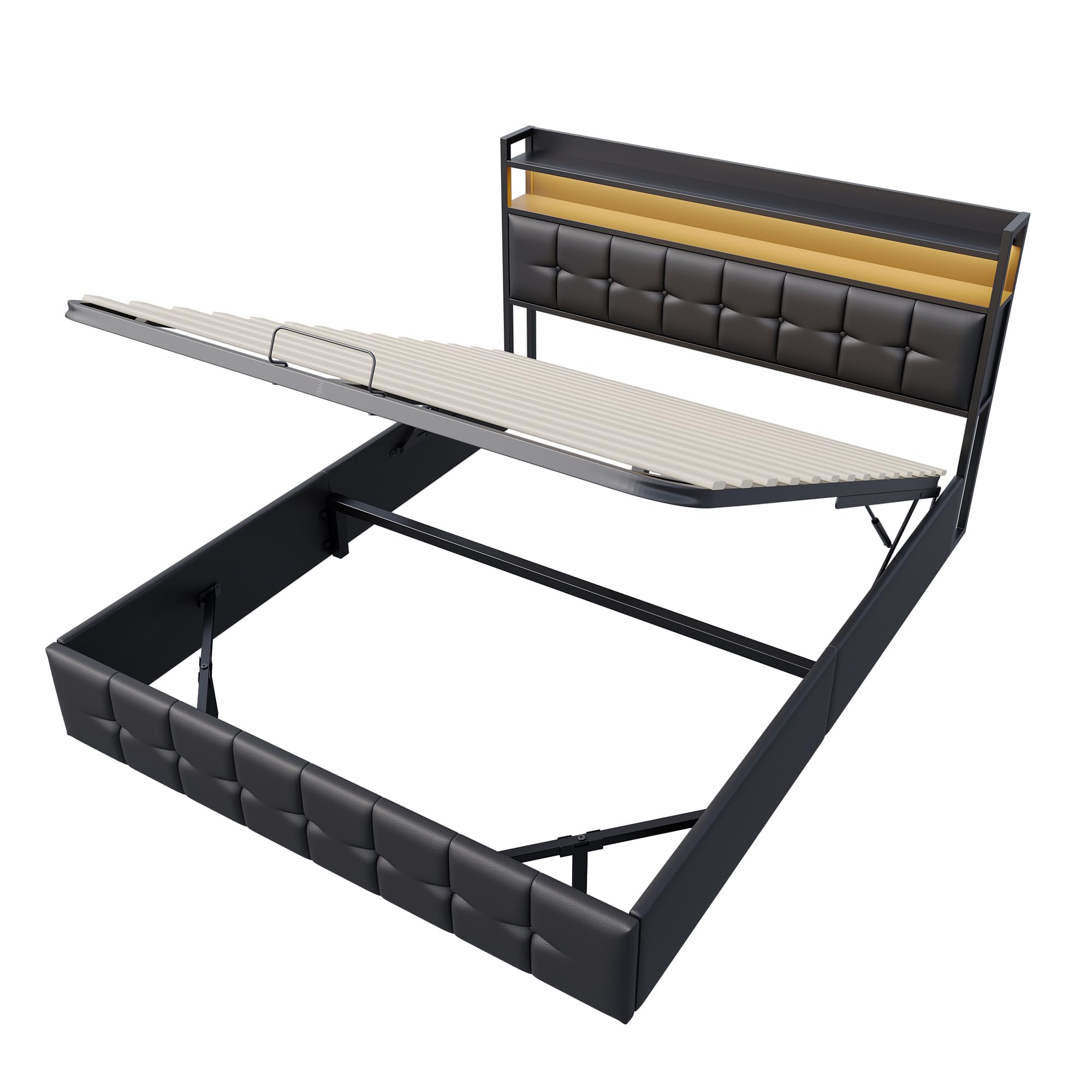 Letto Matrimoniale con Contenitore 140x190 cm, Struttura Letto Imbottito con Sistema di Sollevamento a Gas e LED USB, Supporto a Doghe in Legno, Senza materasso, Pu Nero
