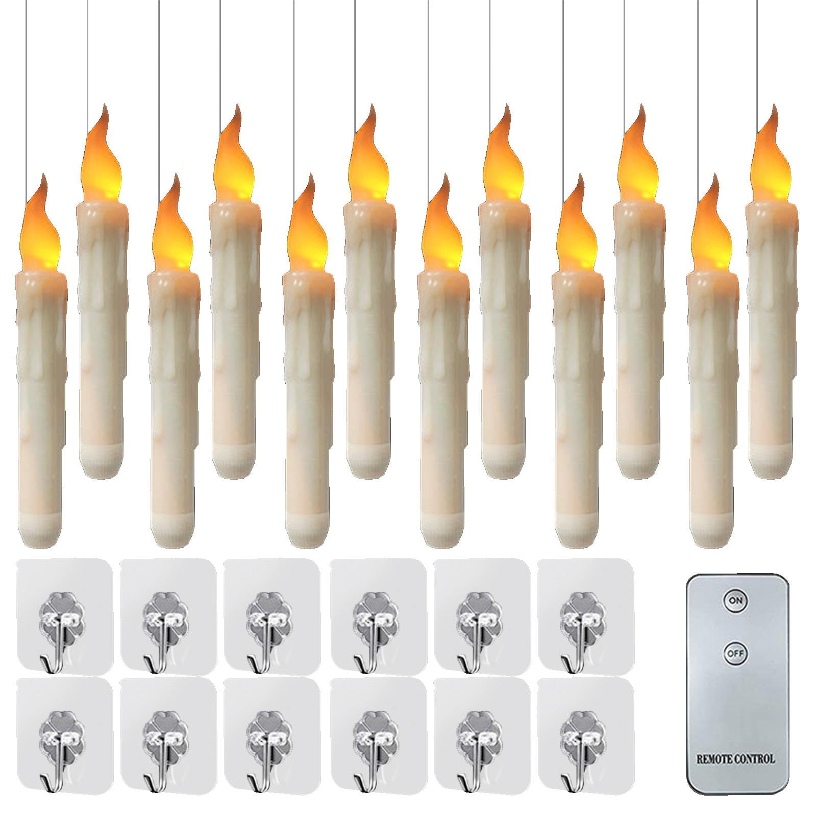 Vjeybv 12 x Floating Taper Candles, Flameless Electirc Hanging LED Magic Candles, Battery Operated Flameless Tapered Fake Candles Flickering with Remote Control for Home Room Party Table Ceiling Centr