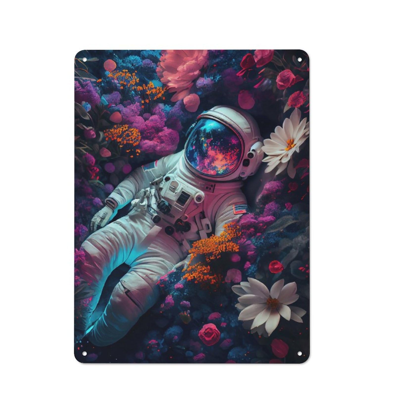 Junmoney Astronaut Flower Planet Tin Wall Plaque 40X30cm With For Bar Or Restaurant, Suited To Bar Decor Enthusiasts