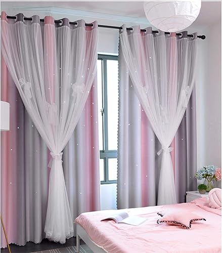Yancorp - Cortina de estrellas opacas de 2 capas cortinas elegantes para decoración de habitación de niños cortinas para dormitorio de niñas paneles