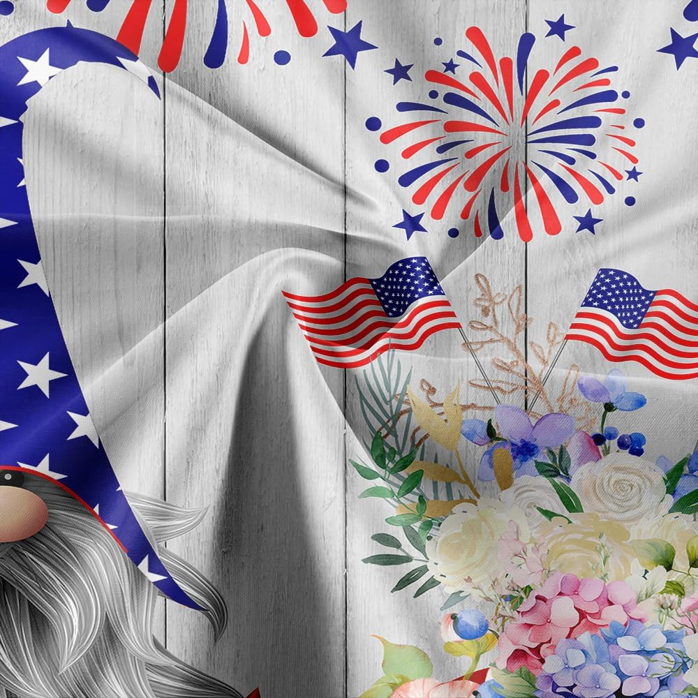 4th of July Shower Curtain, Cute Gnome Floral Patriotic American Flag Shower Curtain for Bathroom, Fourth of July Independence Day Shower Curtain Set Fabric Bathroom Decor with Hooks, 72Xx75
