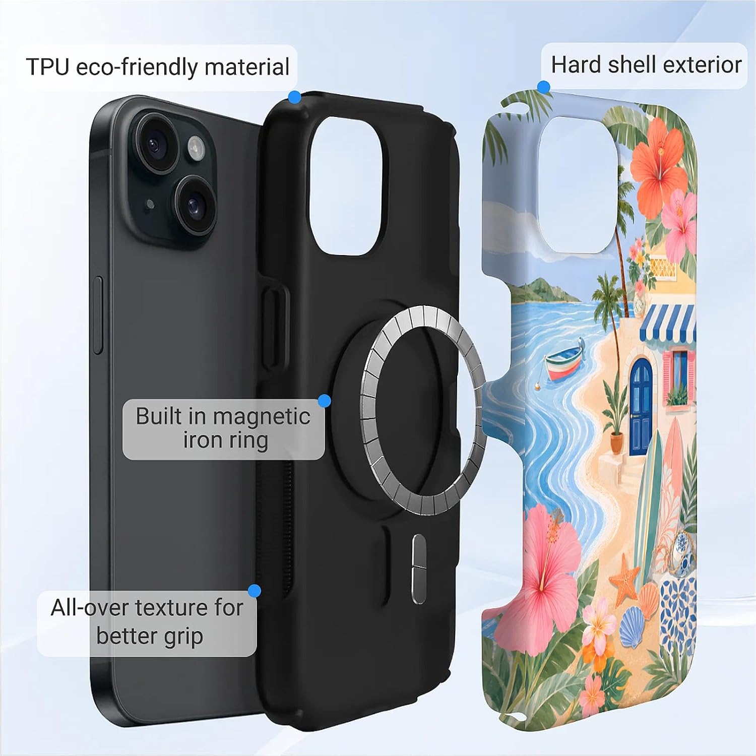 Magnetic Case for iPhone 15 Case,Surfboard Floral Summer Collage Design Compatible with MagSafe,Upgrade Hybrid Dual Protection Silicone+ Hard PC Shockproof Full Body Cover for Men Women image 3
