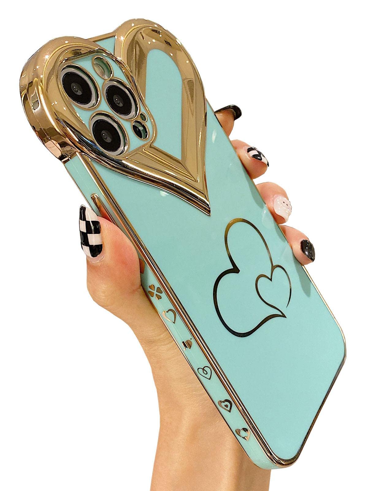 KERZZILCute Compatible with iPhone 12 Pro Max Case for Women Girls, Aesthetics Plating Case, Elegant Love Heart Camera Protective Electroplated Soft TPU Phone Cases Cover(Mint Green)