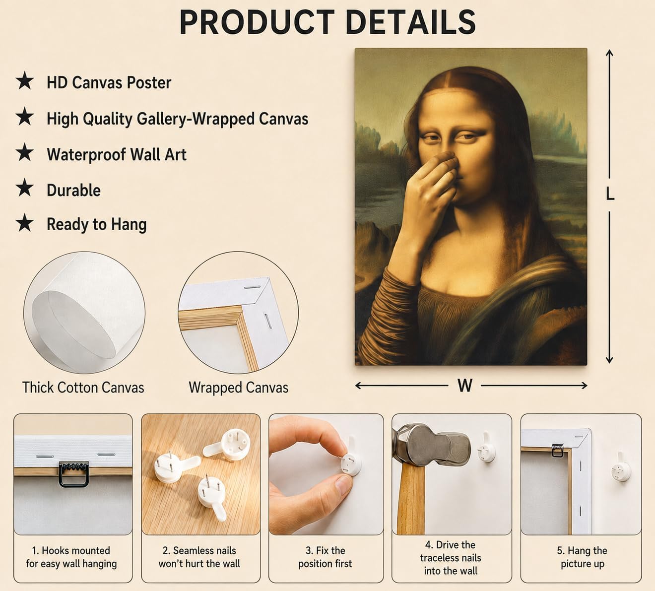 Funny Mona Lisa Bathroom Wall Art, Pinching Nose Canvas Prints,12x16in | Mona Lisa Bathroom Art, Mona Lisa Classical Painting Picture, Humor Amusing Toilet Artwork, Vintage Wall Decor, Ready To Hang