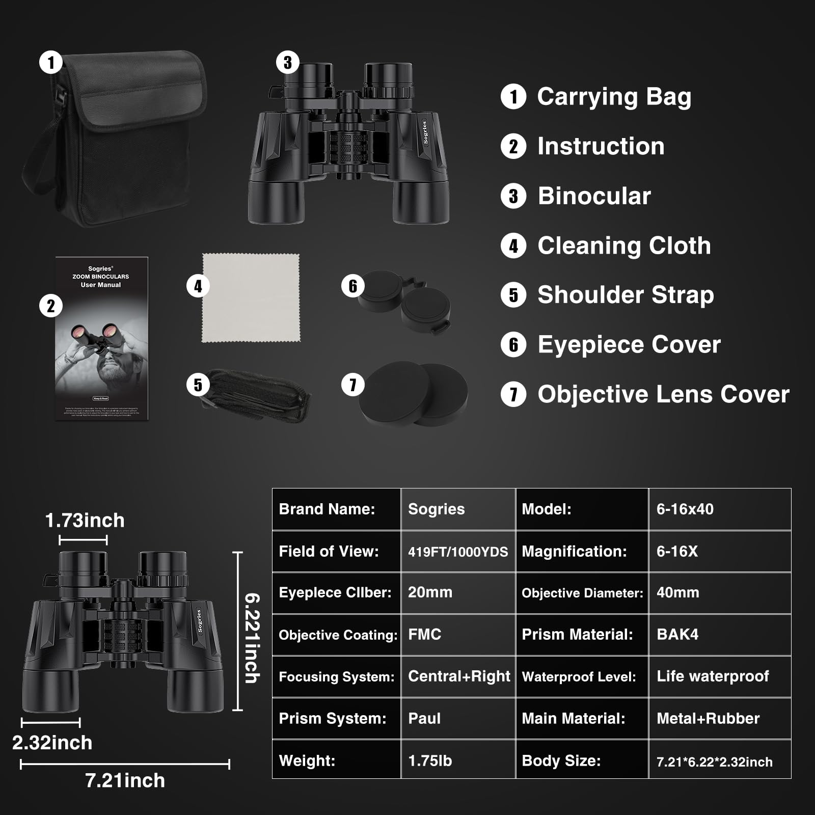 Binocolo con zoom 6-16x40 per adulti, binocolo militare ad alta potenza per bird watching, viaggi, caccia, concerti con ampia vista, BAK4, obiettivo FMC, visione chiara in condizioni di scarsa