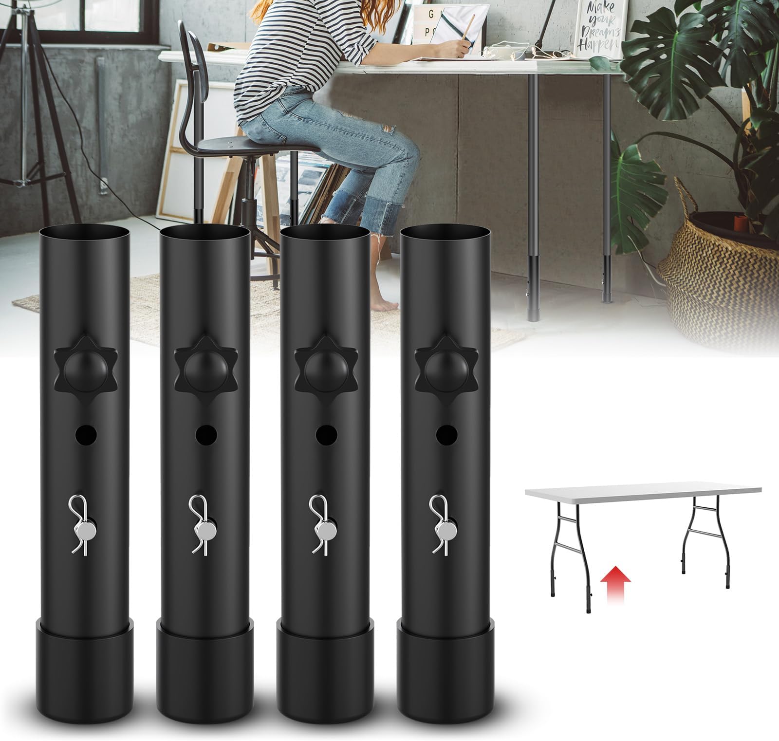 ALMOXVYE 4 Pack Folding Table Leg Extenders, Carbon Steel