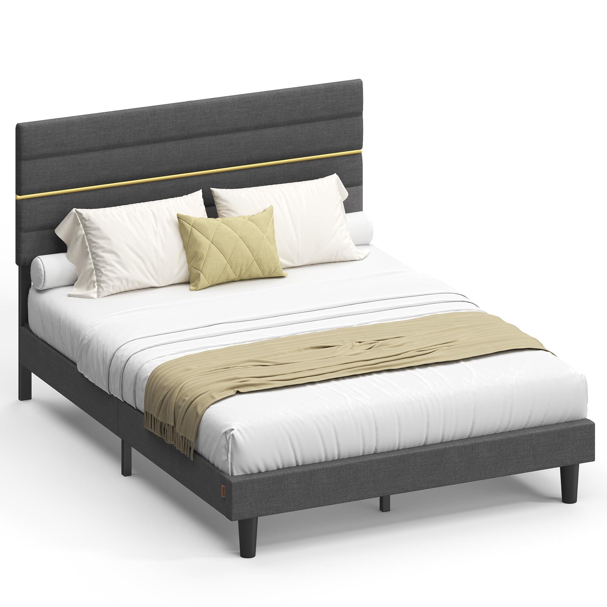 VASAGLE Marco de Cama Matrimonial, Marco para Colchón de 135 x 190 cm, Cabecero Acolchado Ajustable, Metal y Madera, Estilo Moderno, Gris Pizarra RMB506GN01