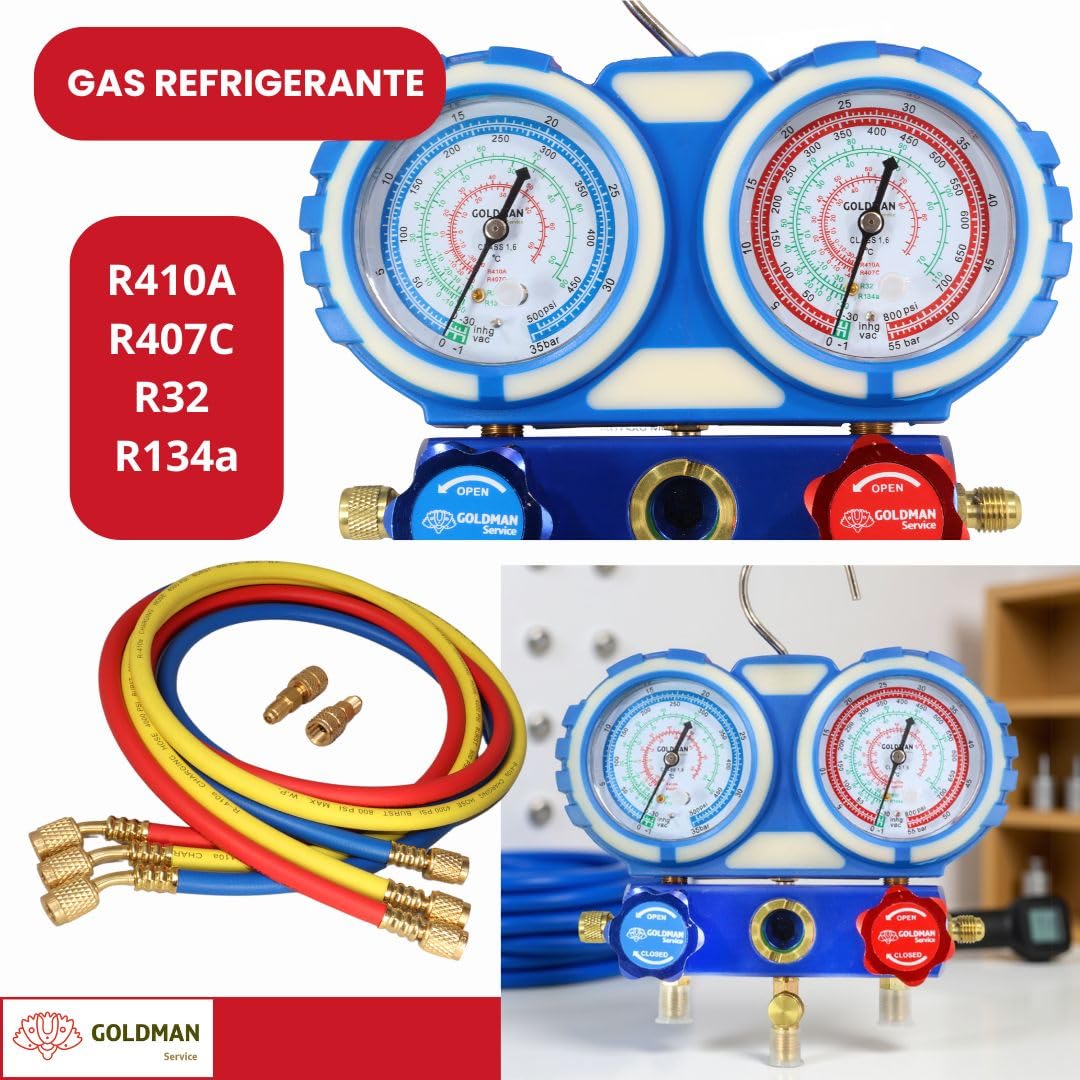GOLDMAN SERVICE | Kit Manometro Climatizzazione con 3 Tubi di Ricarica e Misura di Gas Refrigerante per Auto AC | R410A R407C R32 R134a