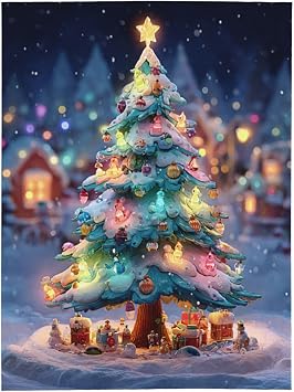 Snowy Christmas Tree Night Cozy Flannel Blanket,Detailed with Colorful Baubles and Presents Under Starlight,Hypoallergenic and Anti-Pilling for Sensitive Skin, A Magical 50X40