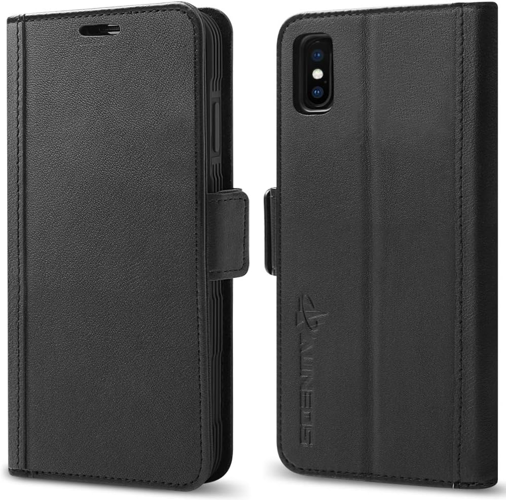 iPhone Xs Max Wallet Case [3D Full Cover] AUNEOS Premium Leather Case for iPhone Xs Max (6.5’’) [Genuine Leather] [Card Slots] [Flip Stand] Folio Flip Case Cover for iPhone Xs Max (6.5’’) (Black)