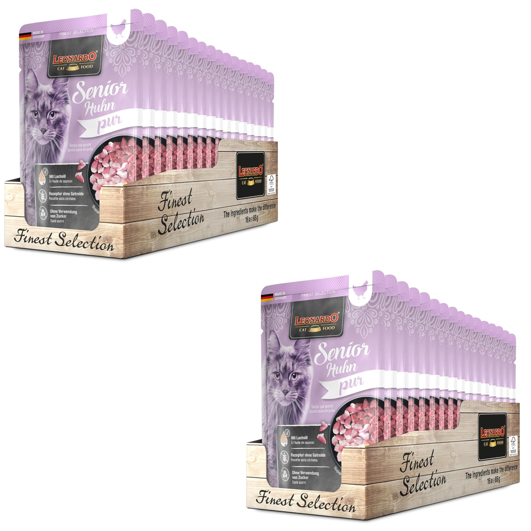 Leonardo Finest Selection Senior Huhn pur | Doppelpack | 2 x 16 x 85 g | Nassfutter für ältere Katzen | Lachsöl für seidiges Fell | Rezeptur ohne Getreide und Zucker | Mit Kürbis
