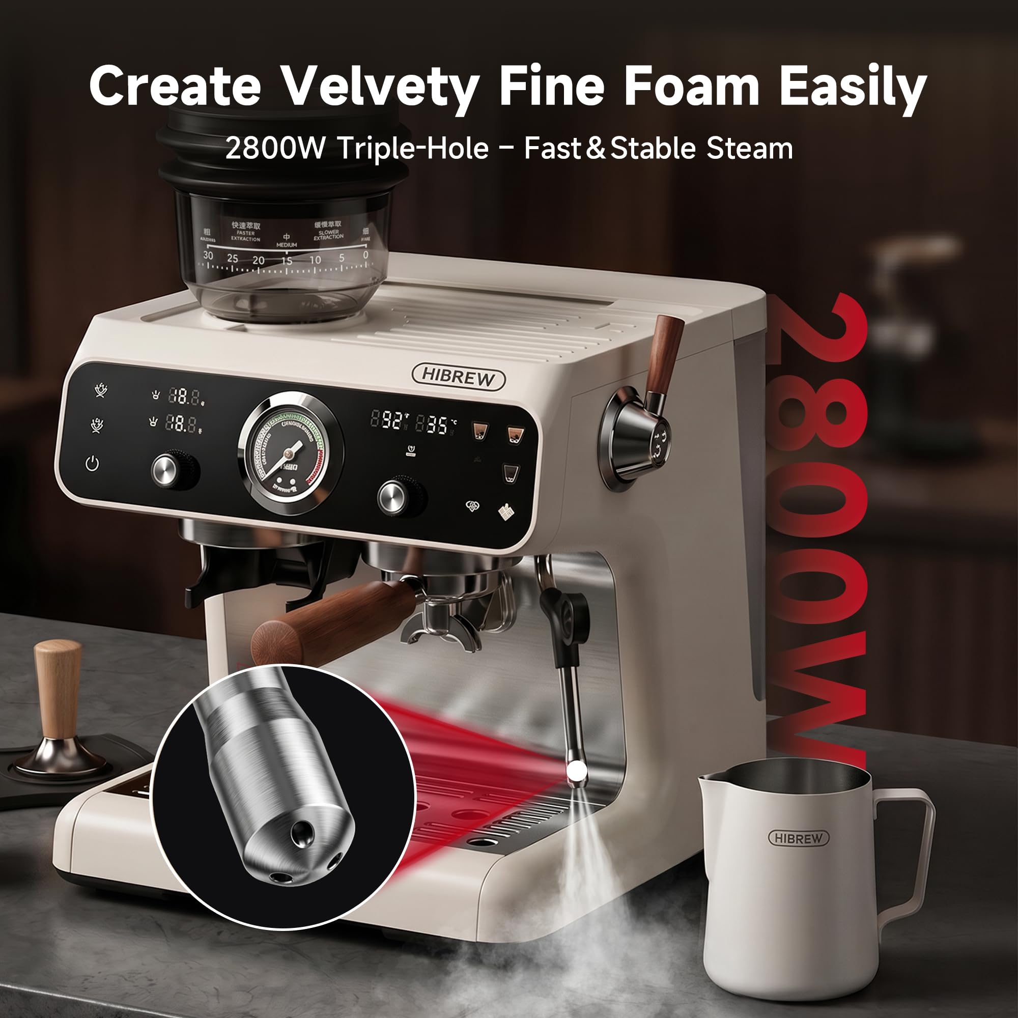 Hibrew H7B Espresso Machine with Built-in Grinder, 30-Position Conical Burr, Dual Heating System, PID Control, 58 mm Portafilter, 2800 W Steam Wand, 2,8 L Water Tank – Semi-Automatic Coffee Maker for