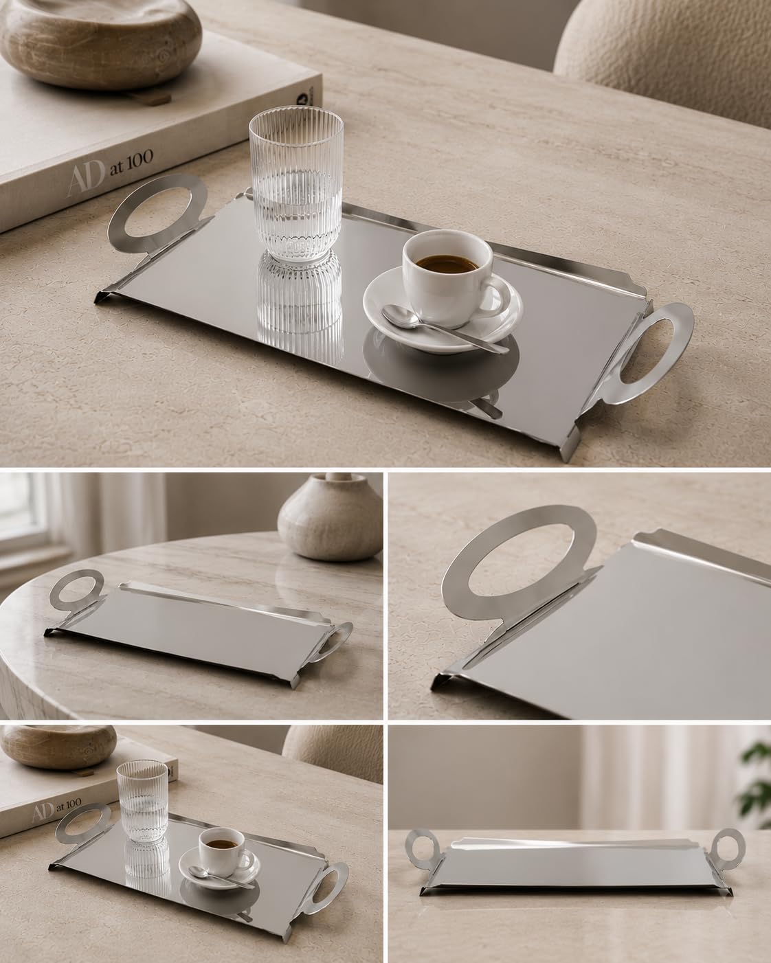 Vassoio Rettangolare in Acciaio Inox, Design Minimal ed Elegante, con Maniglie Laterali, per Servire Bevande e Snack (Grande)