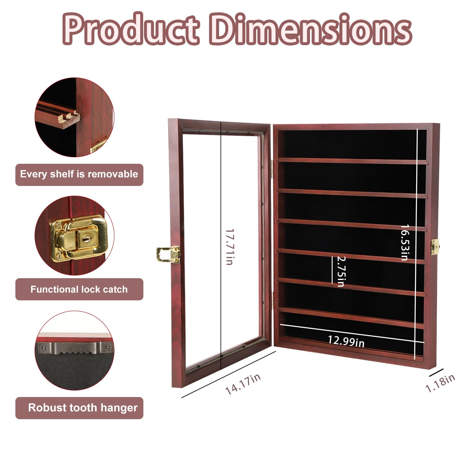 Grintus Taschenmesser-Vitrine 7-stöckige Messersammlung Display Box für Wand Klappmesser Schrank mit UV-Schutz Acryl abschließbar groß Mahagoni | Wandhalterung Holzrahmen Messerschrank Gold Diebstahlsicherung Filzfutter UV-Schutz Acryl 7 Abnehmbare Anti-R