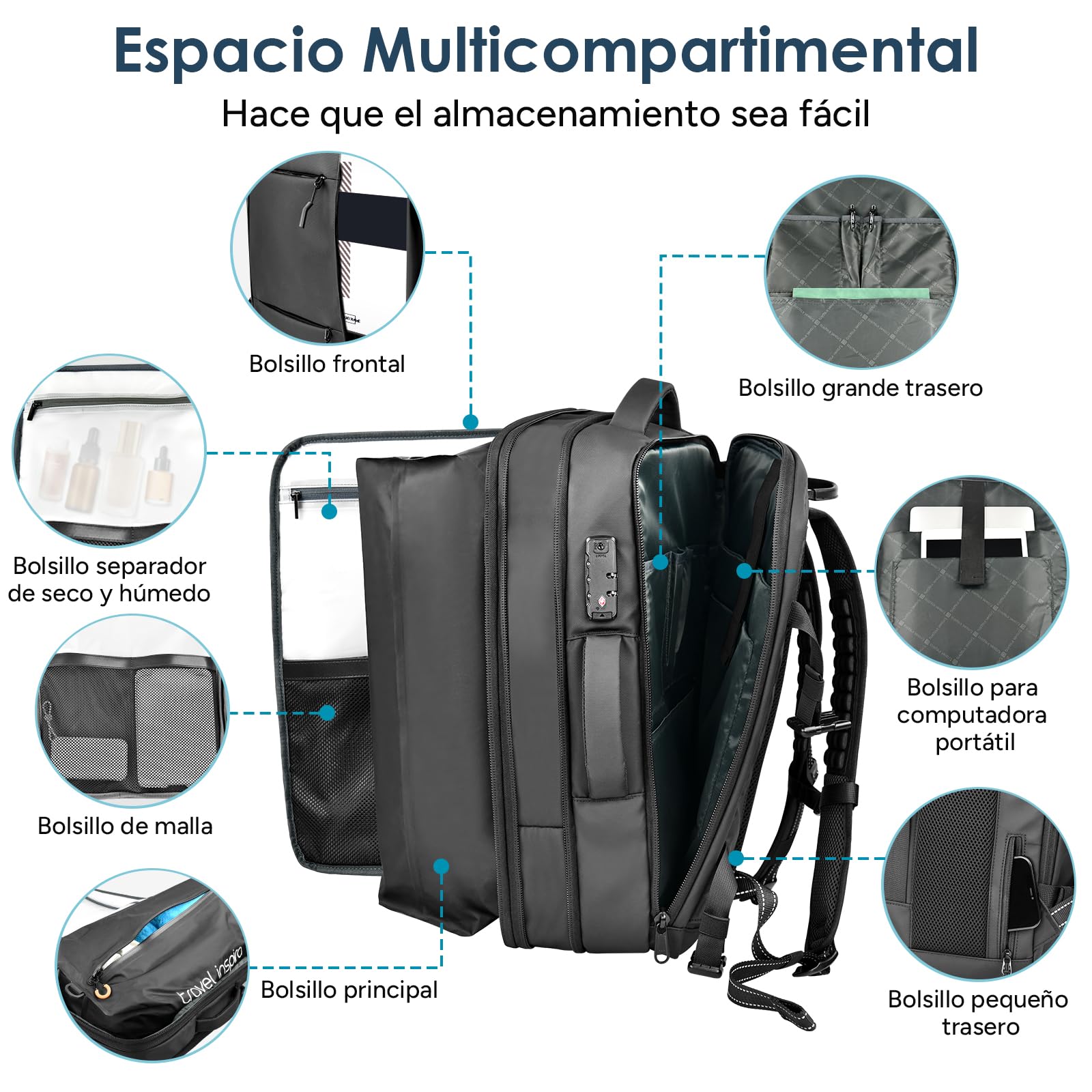 travel inspira Mochila de Viaje Con Vacio, Mochila de Mano Expandible con Bomba Eléctrica, Candado TSA, Compartimento para Laptop, Resistente al Agua, Bolsa Húmeda/Seca