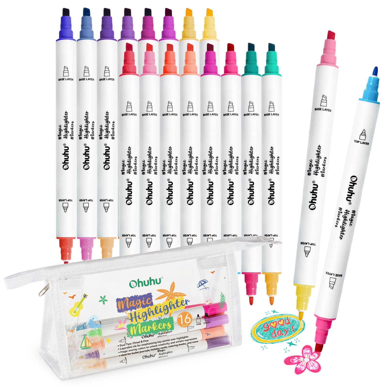 Ohuhu Highlighter Marker Aesthetic Cute Pen 16 Pack 32 Colors Dual Tips Double Colors Chisel & Fine Water-Based Highlighters for Journal Office School Supplies Bible Note Taking DIY