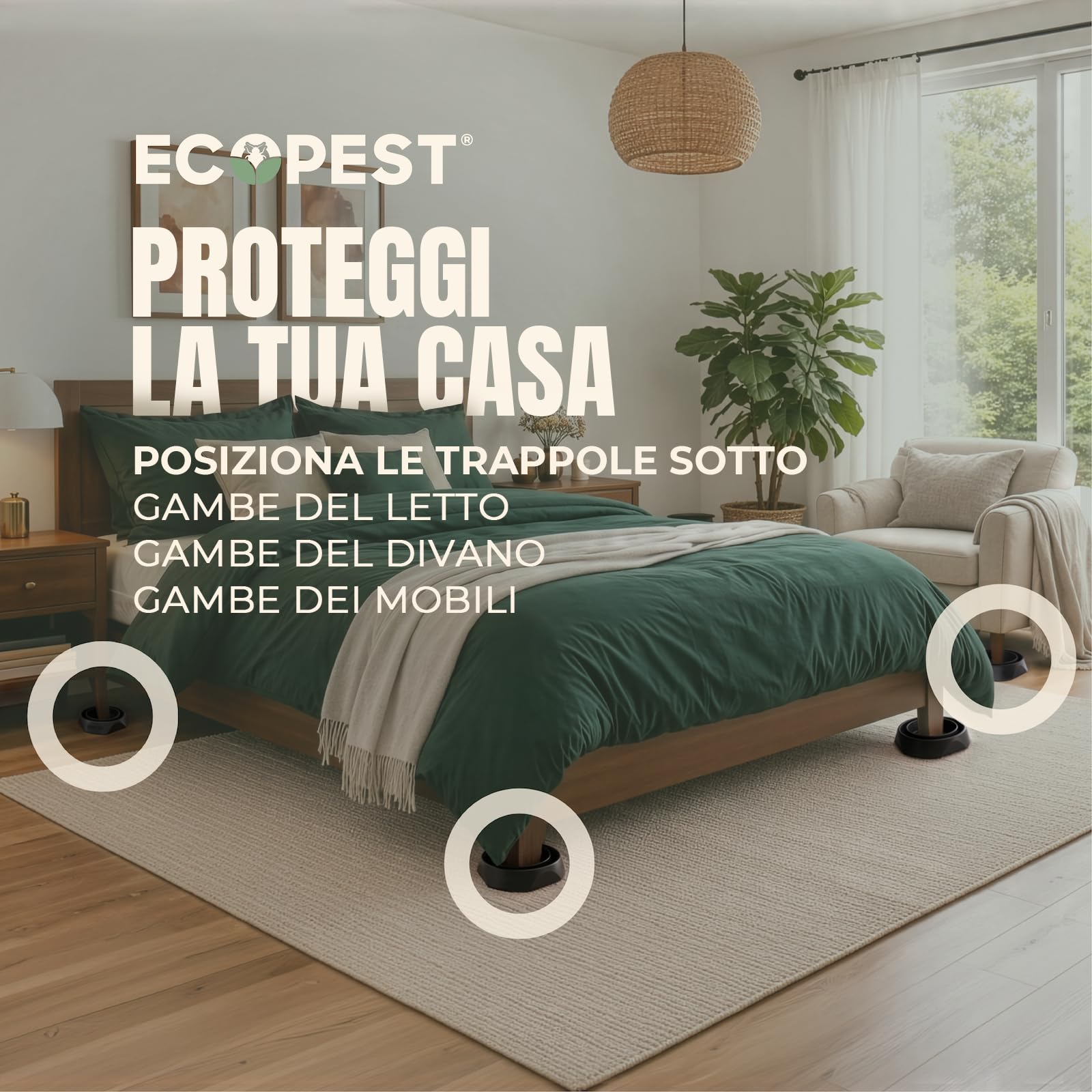 ECOPEST Trappole per Cimici dei Letti – Confezione da 8 | Trappole Intercettatori Bed Bug Blocker (PRO) (Nera) | Monitor, Rilevatore e Trappola per Le Gambe del Letto