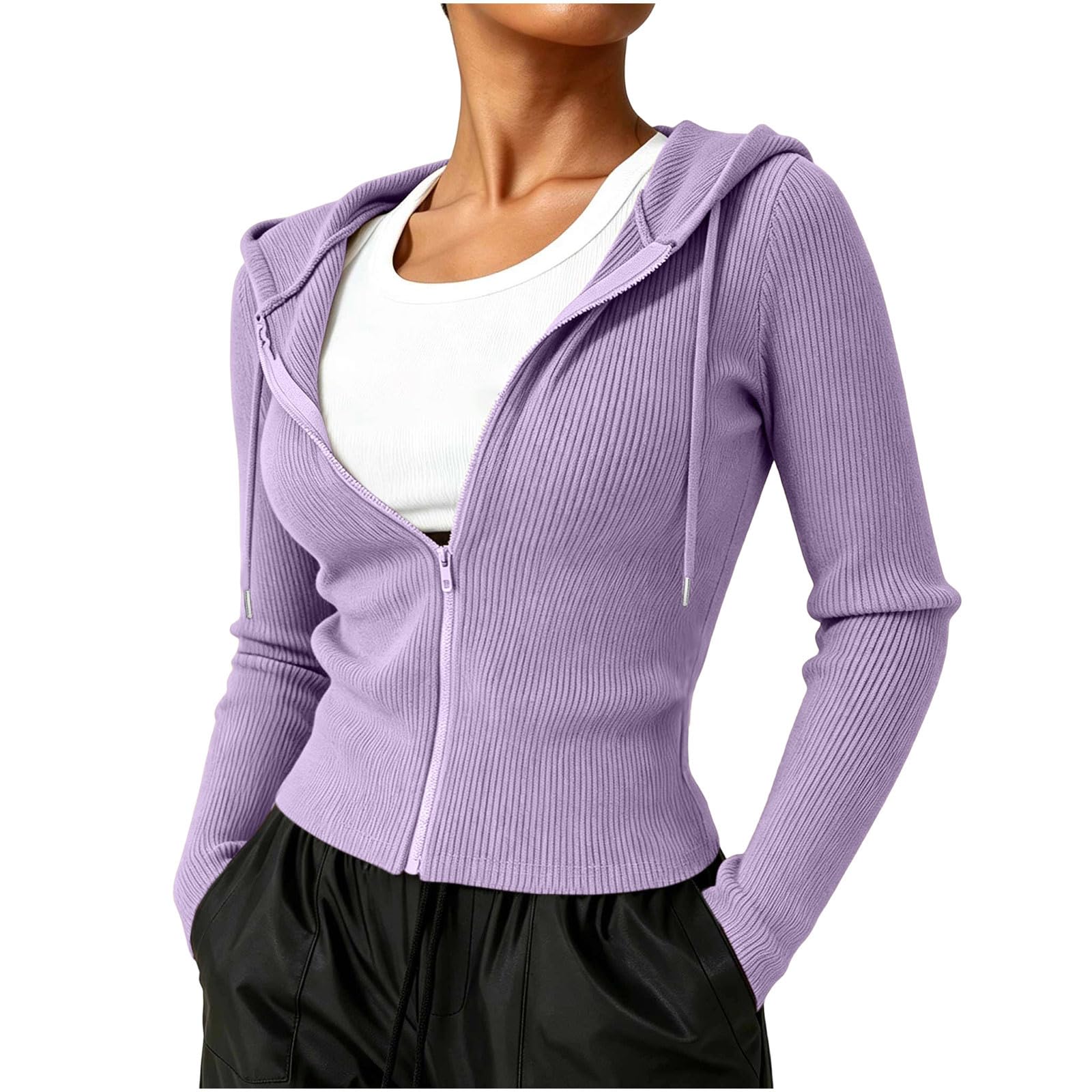 LUCKME Sudadera Cremallera Mujer,Chaqueta Mujer de Punto Acanalado con Capucha y Cordón Suave y Cómodo Cárdigan Manga Larga con Bolsillos Corte Ajustado Sudaderas Hoodie Otoño Invierno